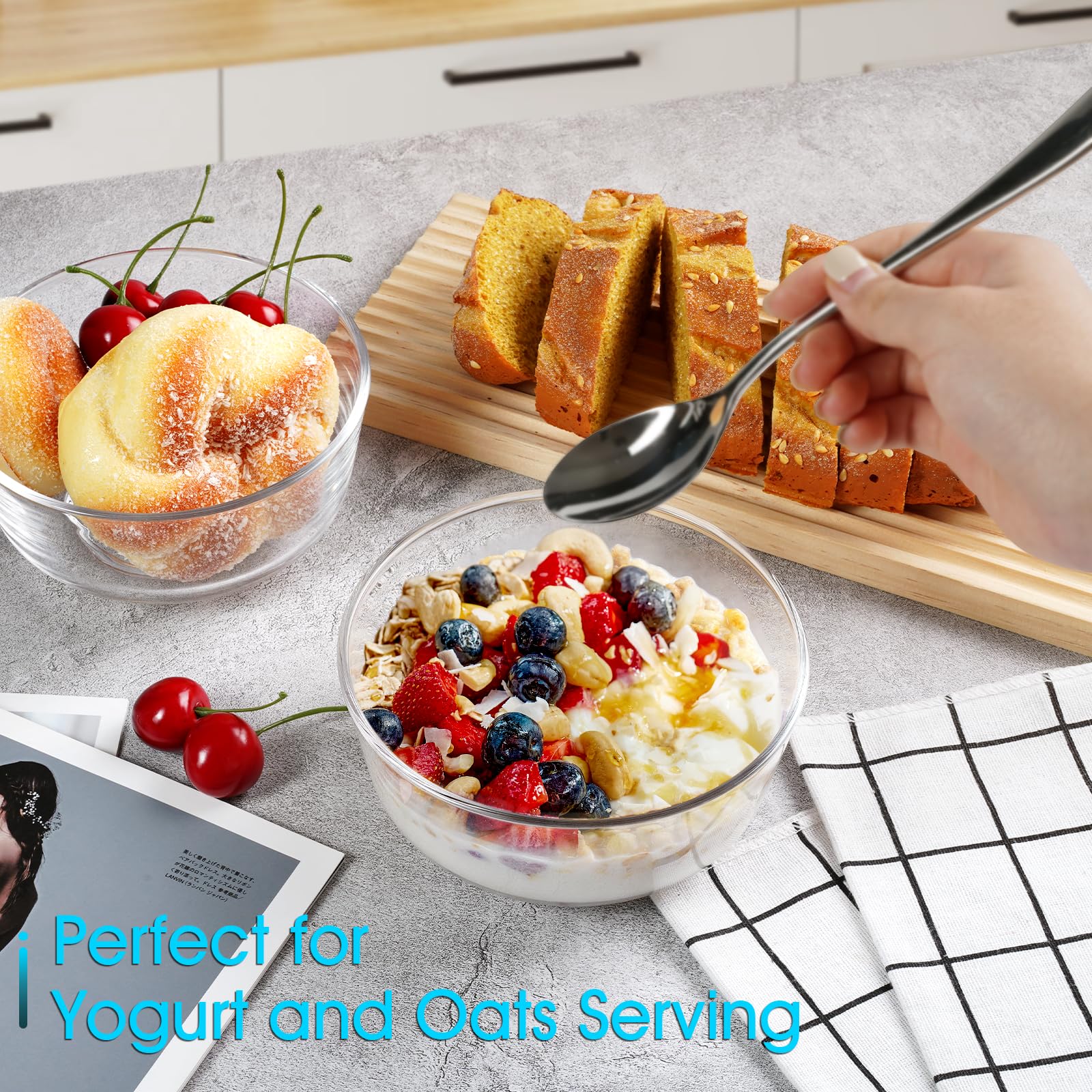 NUTRIUPS Lot de 4 petits bols à dessert en verre de 14,5 cm, petits bols à dessert en verre transparent de 590 ml pour la cuisine