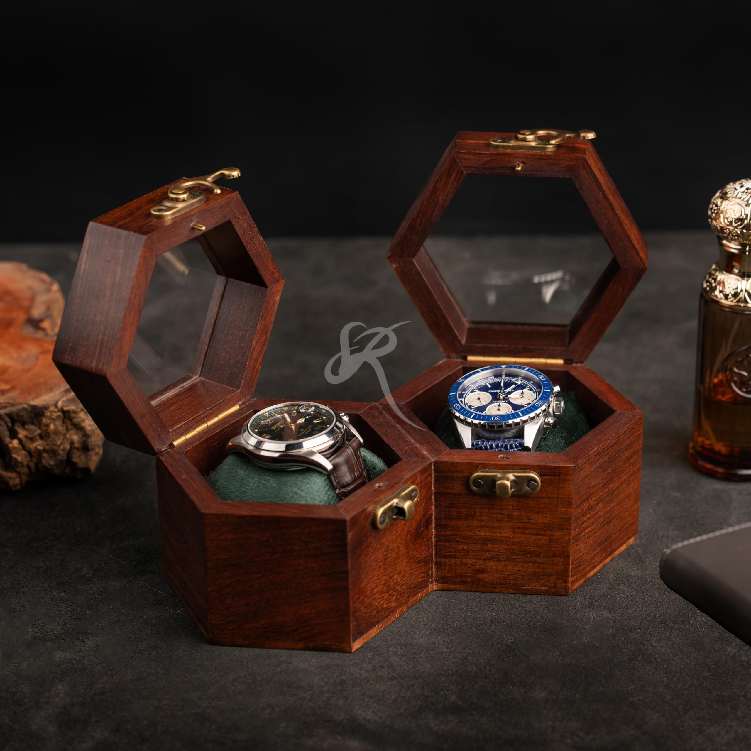 Boîte à Montres Double Fente pour Homme - Rangement en Palissandre Foncé - Cadeau de Saint-Valentin - Organisateur