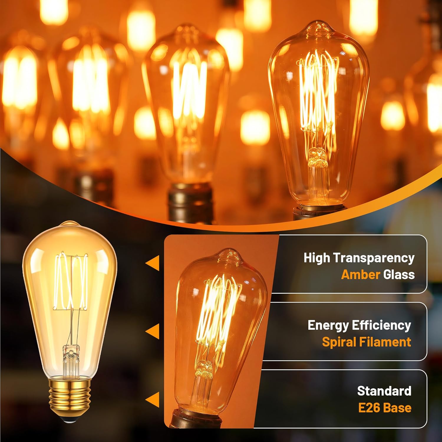 Vintage Edison Bulbs 25 Watt Incandescent Equal 3W ST58 Decorative LED Light Bulb,Amber Glass,Spiral Filament,1800K Warm White,E26 Base,250LM, Non-dimmable,4 Pack