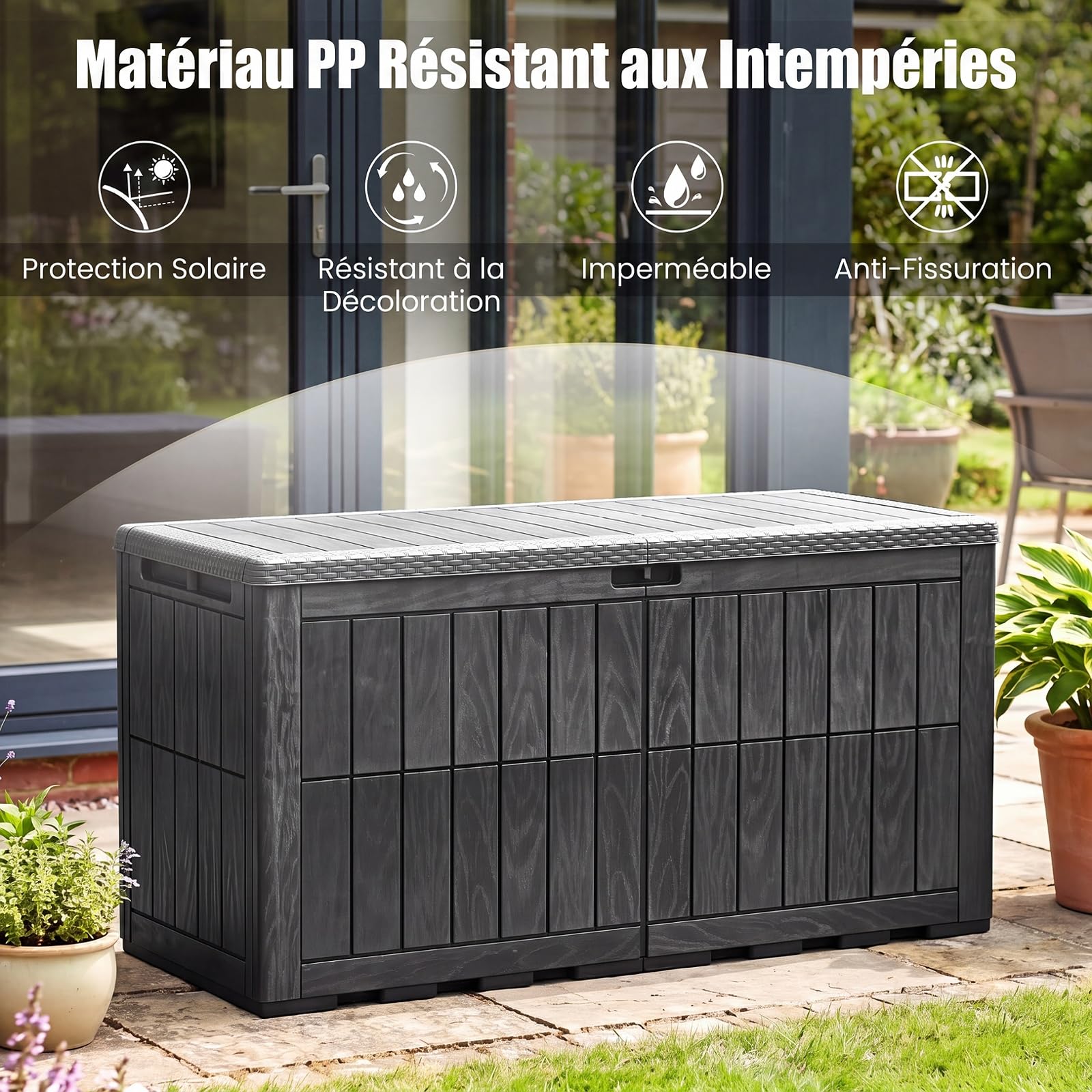 COSTWAY Coffre de Rangement Exterieur en PP 523L, Grand Conteneur de Jardin avec Couvercle Poignée Intégrée Verrouillable, pour 3 Personnes pour Terrasse Balcon, Charge 245 kg (Noir)