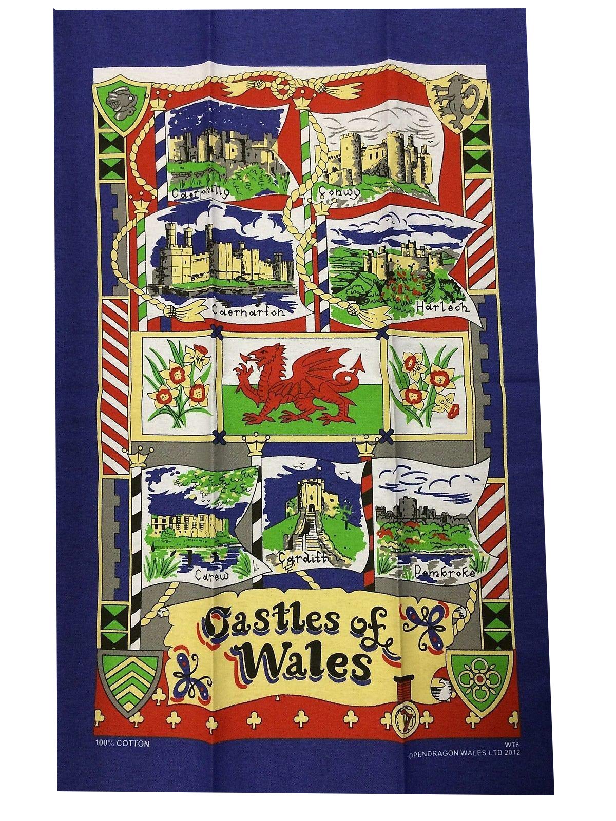 Fashion Review Gimbles® New Wales 100% Cotton Cymru Am Byth Recipe Castles, Counties Dragon Flag Souvenir Tea Towels (Castles Navy 008)