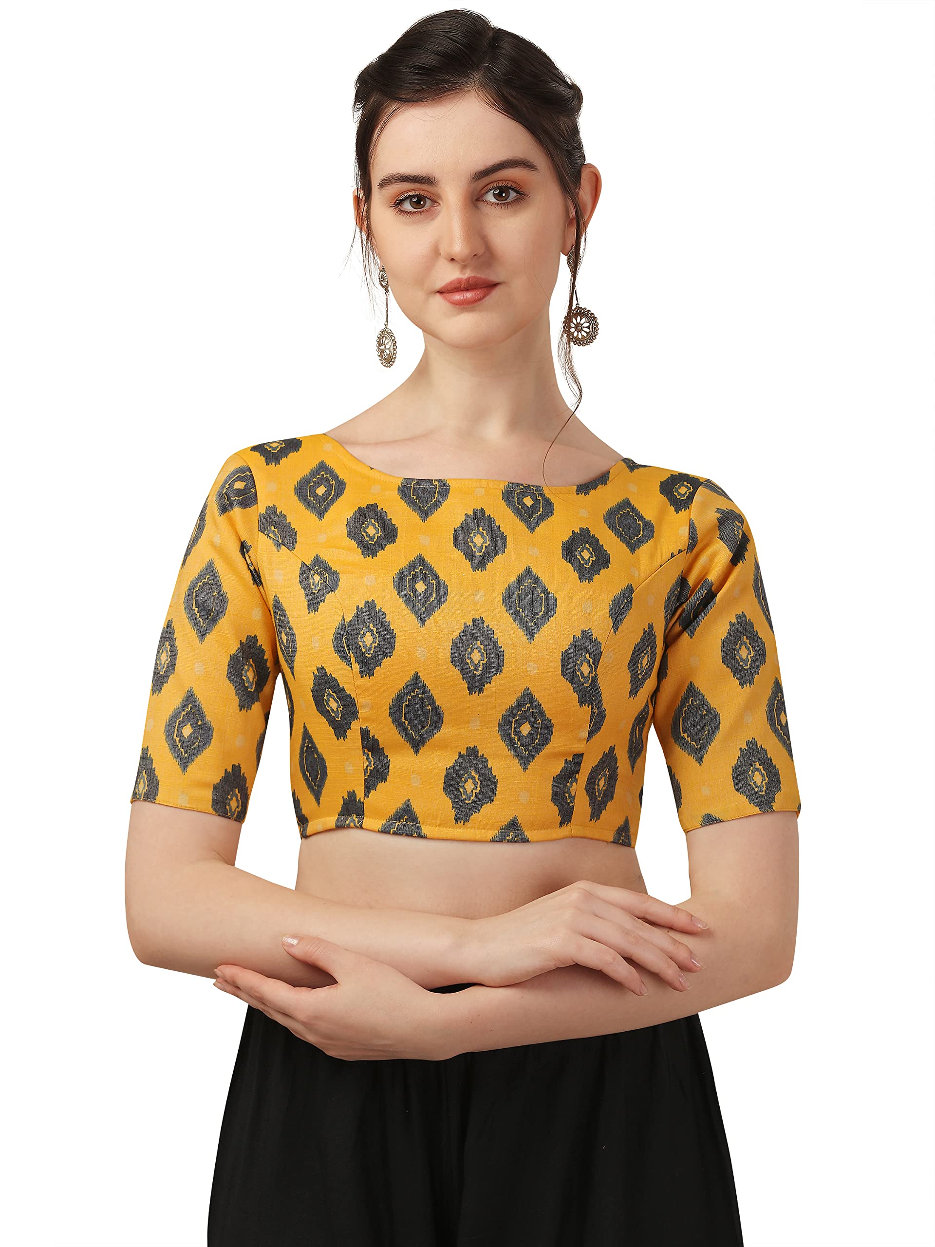 Oomph! Women's High-Neck Cotton Rayon Paisley Print Aari Work Ethnic Wear Half Sleeve Saree Blouse - Yellow