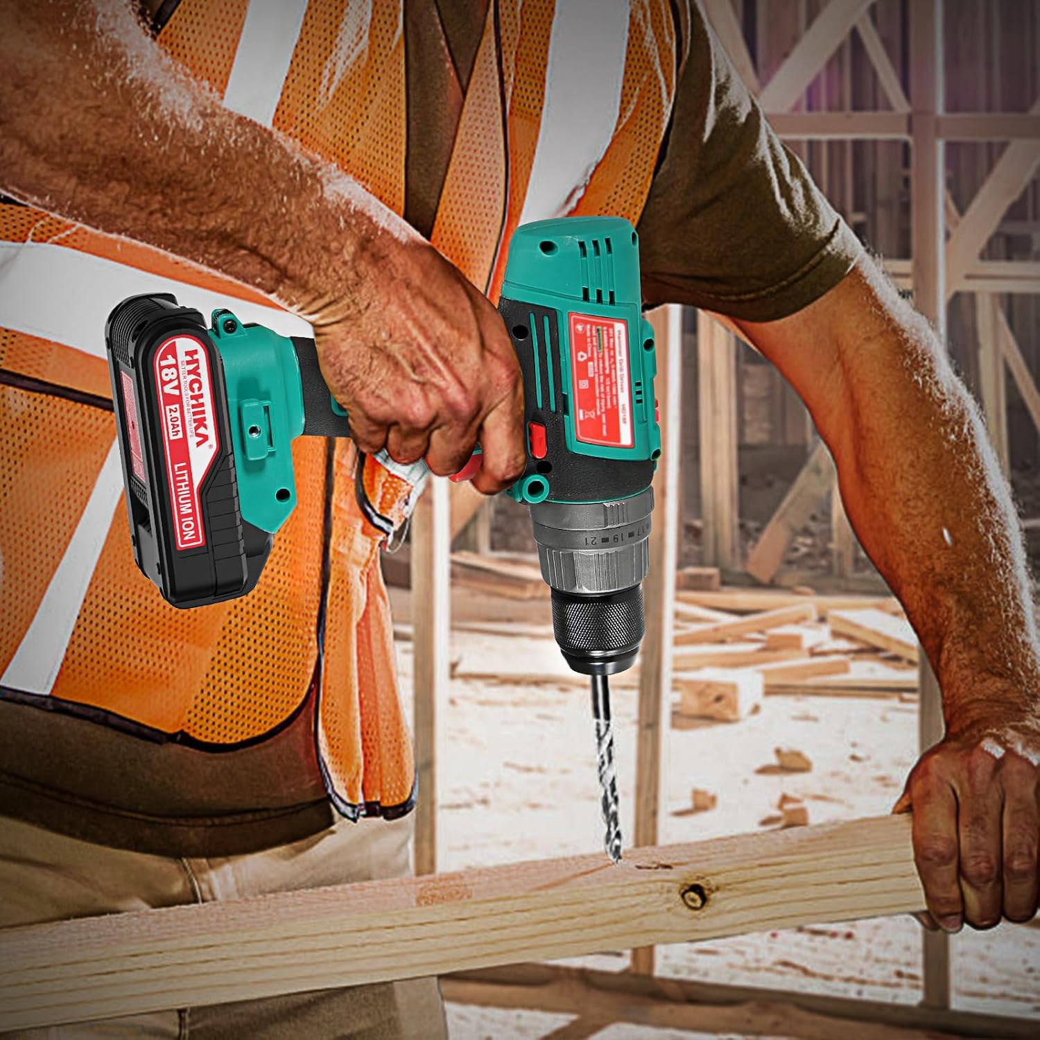 HYCHIKA Trapano Avvitatore Batteria 18V, Trapano a percussione 45 Nm, Batteria 2,0 Ah, 27 accessori, Ricarica rapida 1 ora, Coppia 21+3, 2 velocità, con illuminazione LED, per riparazioni domestiche - Immagine 3