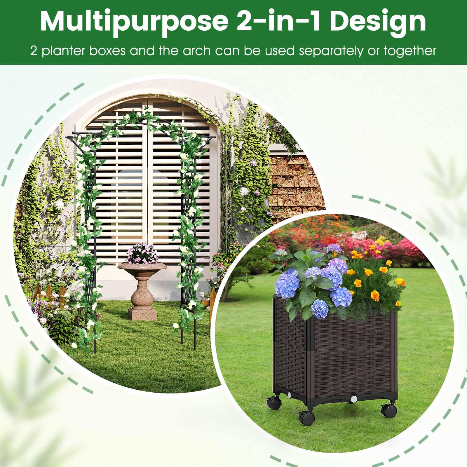 HOMASIS Arco da Giardino con Sistema di Auto-Irrigazione, 2 Vasi e 8 Ruote, Recinzione da Giardino in Metallo Anti-Ruggine, Supporto per Piante Rampicanti per Matrimoni, 208 x 40 x 250 cm (Nero)