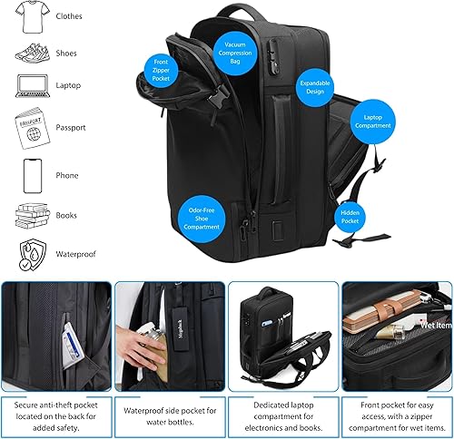Miniatura 7 de Mochila Airback, mochila de vacío de aire expandible de 70 L para viajes, bolsas de vacío de viaje con bomba, bloqueo TSA, puerto de carga USB,
