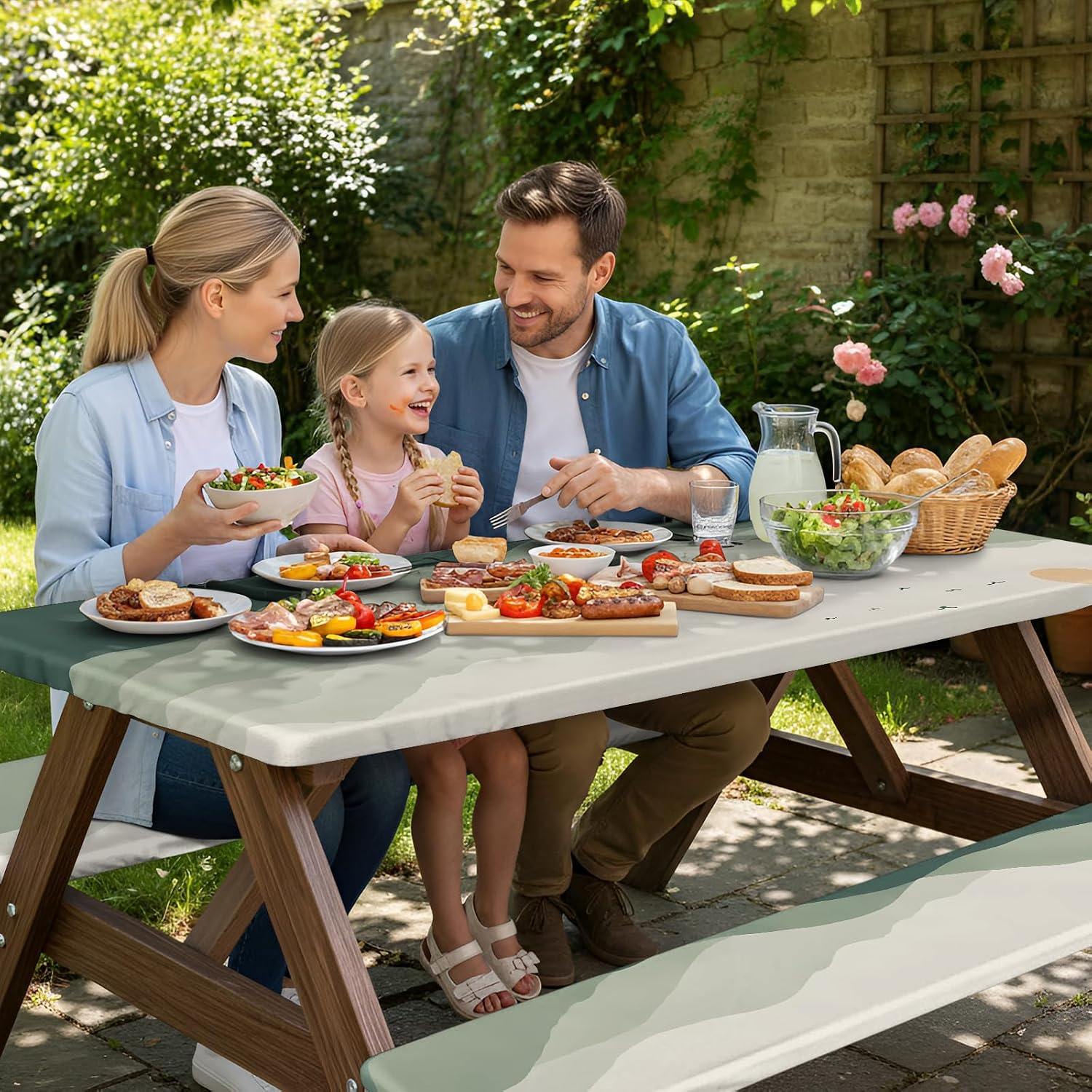 Picnic Tablecloth Table Bench Covers Set for Patio Garden Park Waterproof Windproof 72×30in