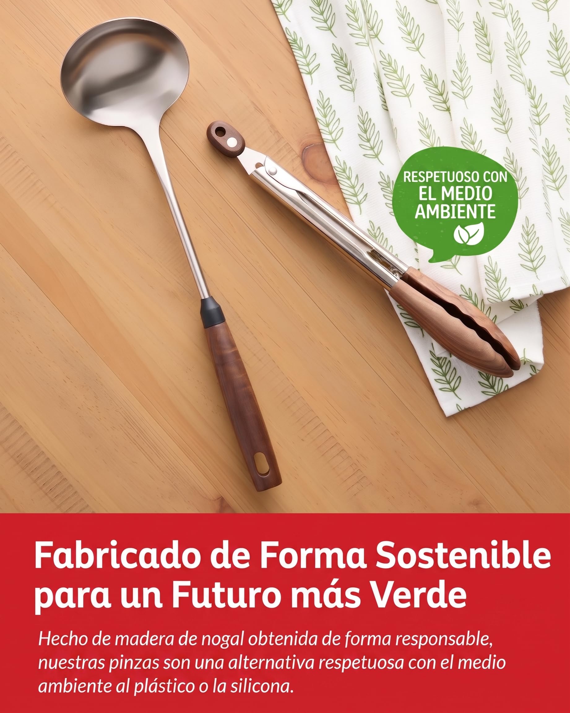 Boxiki Kitchen Pinzas de Cocina Profesionales Acero Inoxidable 30cm con Puntas de Madera de Nogal Natural