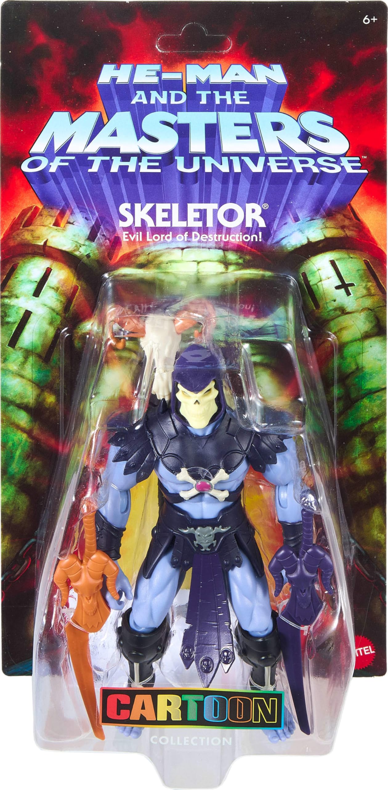 Masters of the Universe Origins 200X Skeletor figurka 14 cm | MOTU Cartoon Collection, czarny charakter z kreskówki z lat 80., szczegółowy design z peleryną, kosturem i 2 mieczami, JHJ97