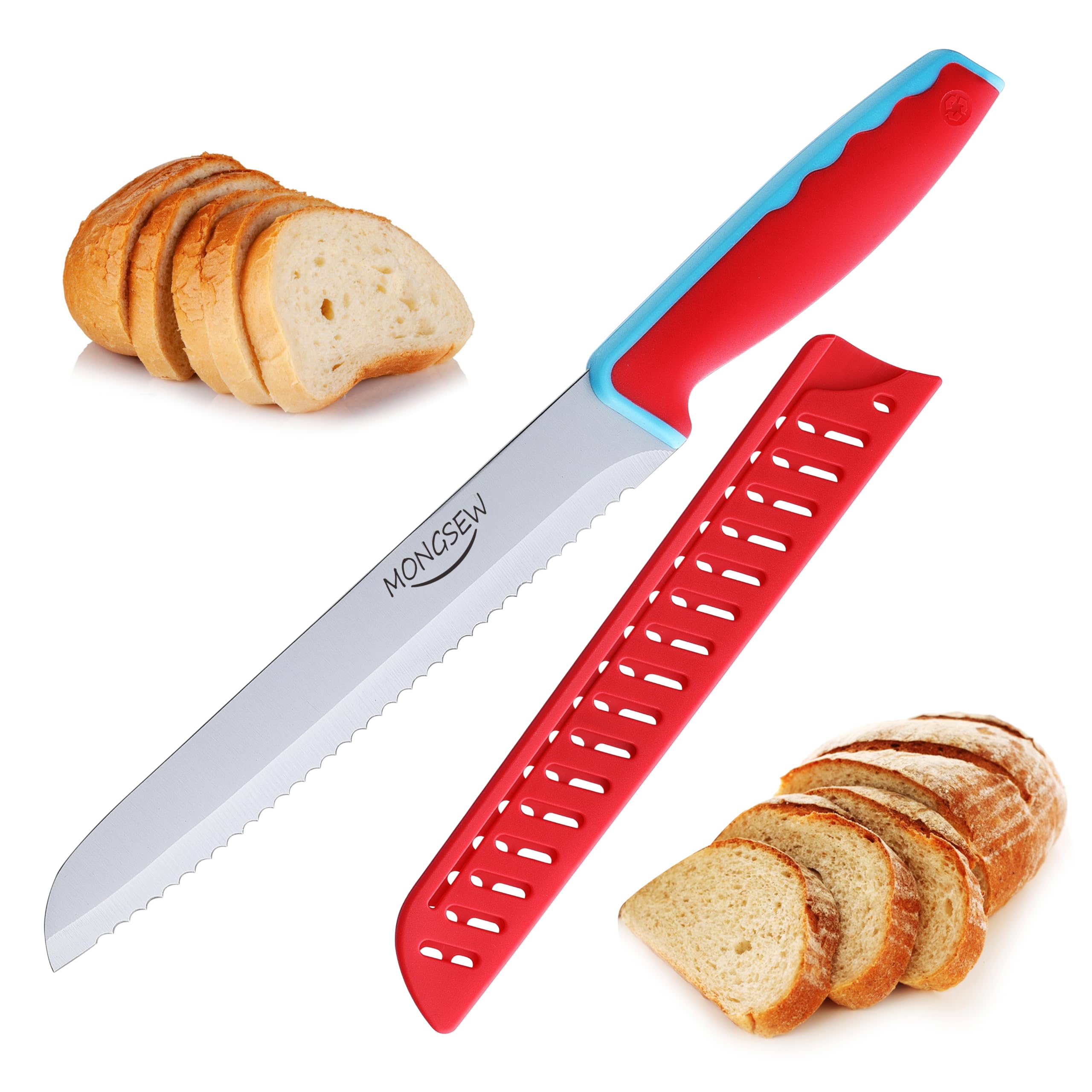 Bread Knife with Sheath, 8 inch Serrated Bread Knife for Homemade Bread, Bread Cutter with Ergonomic Dual-Color Handle, Great for Slicing Homemade Bread, Bagels, Cake (8 inch)