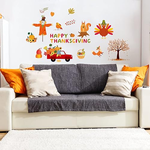 Miniatura 6 de 77 calcomanías de pared de otoño de Acción de Gracias, hojas de arce, calcomanías de pared de calabaza de otoño para ventana, camión naranja, pavo,