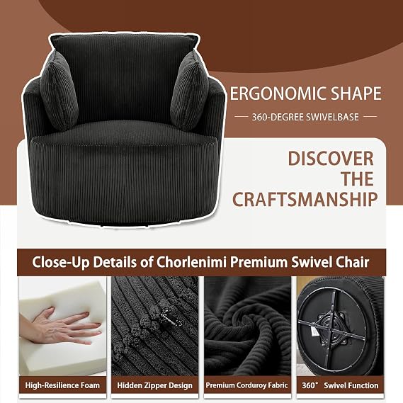 Vanity Accent Chair Swivel Living Room Chairs Curve Back Reading Chair with Armrest, Lounge Chair with Ottoman for Bedroom (Black, Chair Without Ottoman)