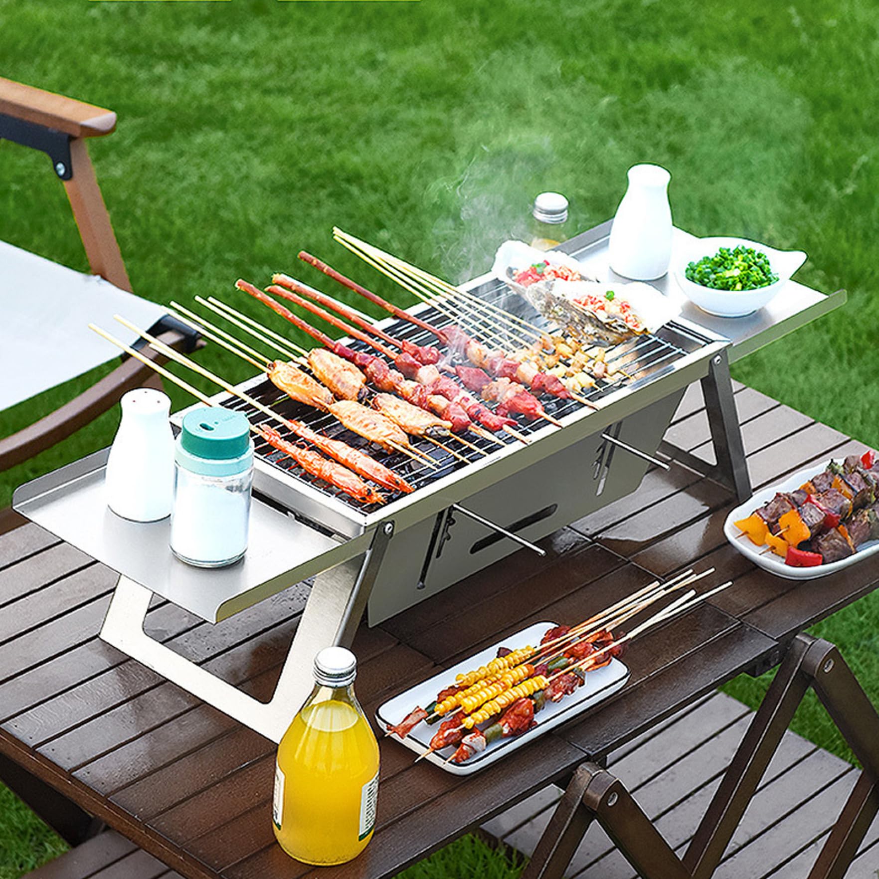 Przenośny grill na węgiel drzewny – mini składany grill ze stali nierdzewnej grill stołowy na kemping, do ogrodu, na taras, idealny sprzęt do gotowania na świeżym powietrzu