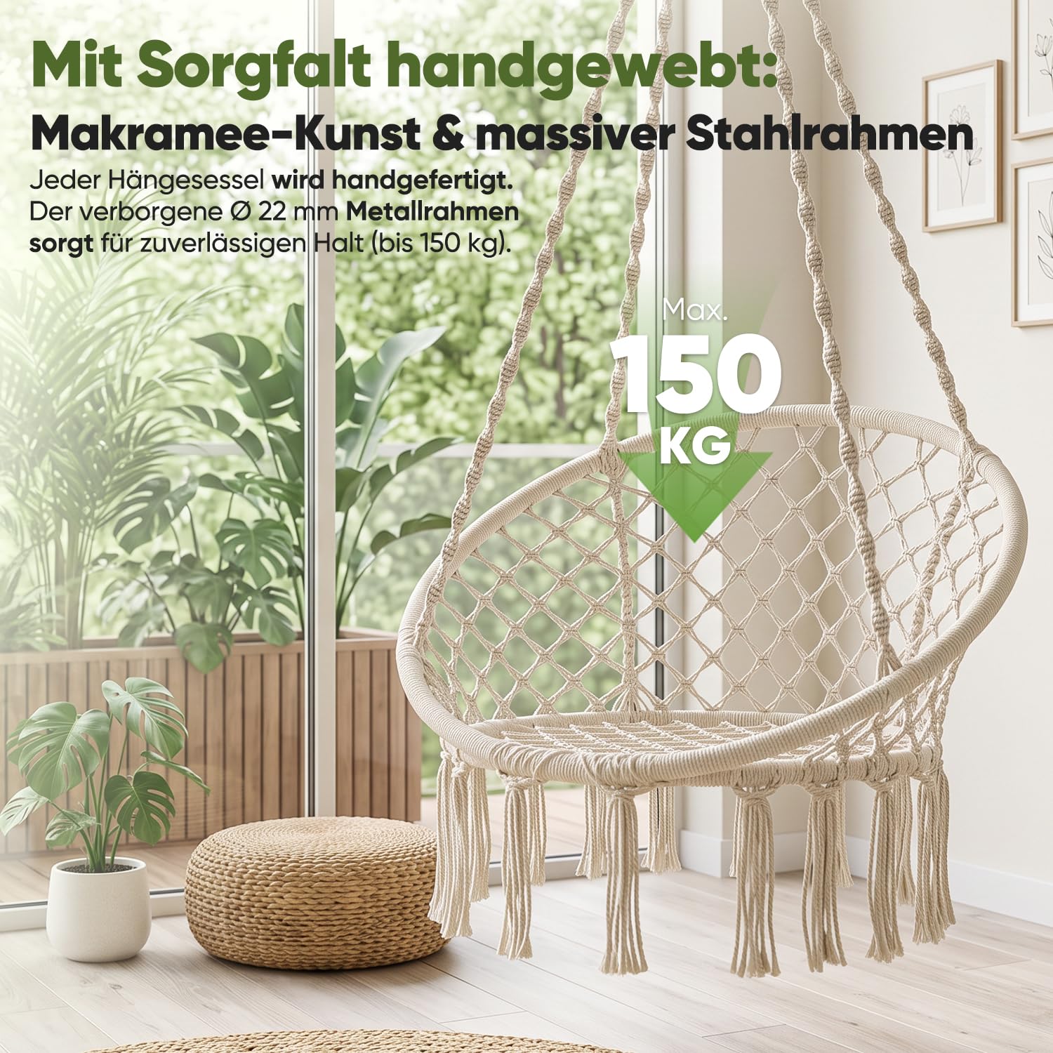 Sekey Hängesessel mit großem Kissen, Indoor & Outdoor, bis 150kg