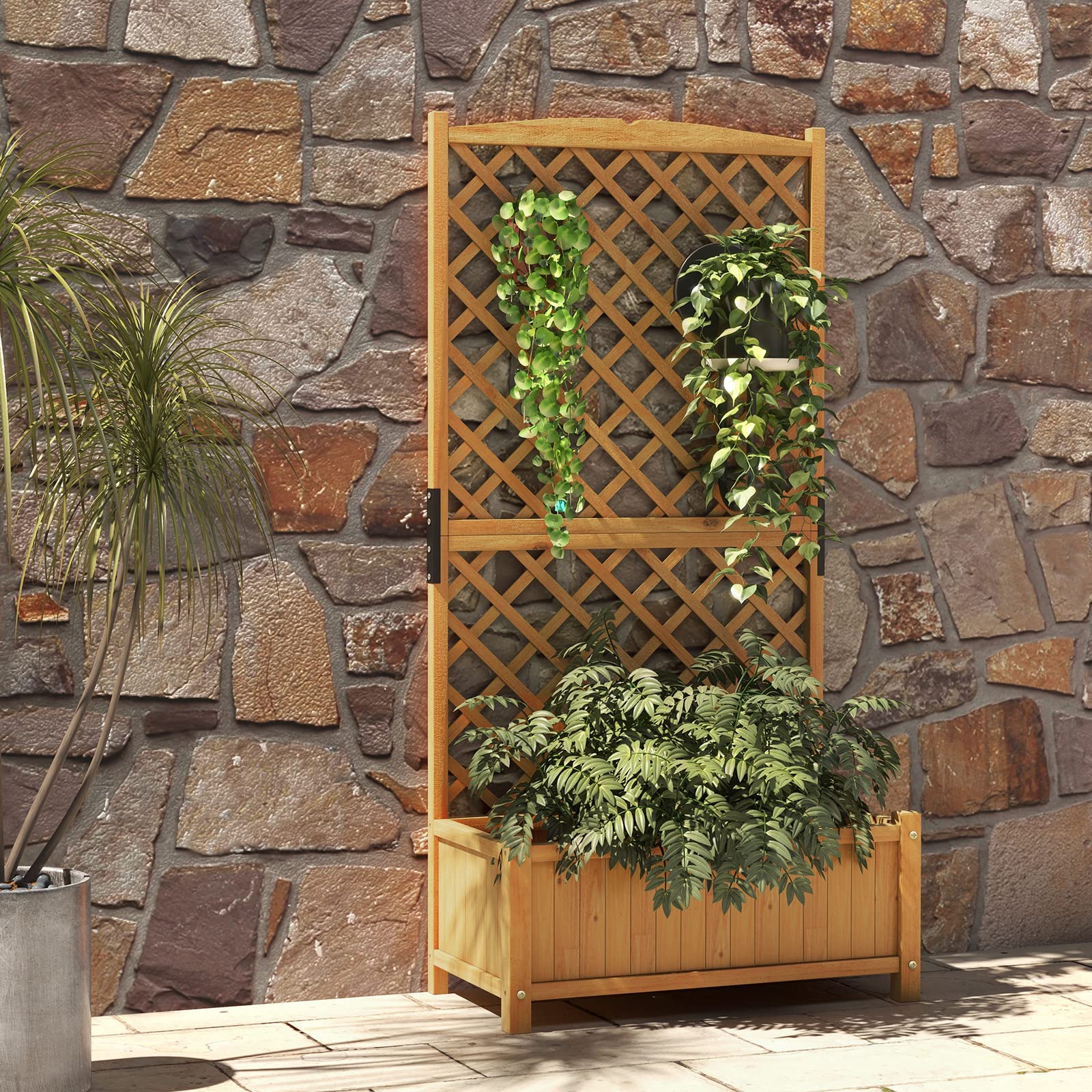 COSTWAY Pergola ze skrzynką na kwiaty z drewna jodłowego, 180 cm, skrzynka na rośliny pnące, podwyższona grządka z kratką dla roślin pnących i otworem drenażowym, donica na kwiaty do ogrodu, na