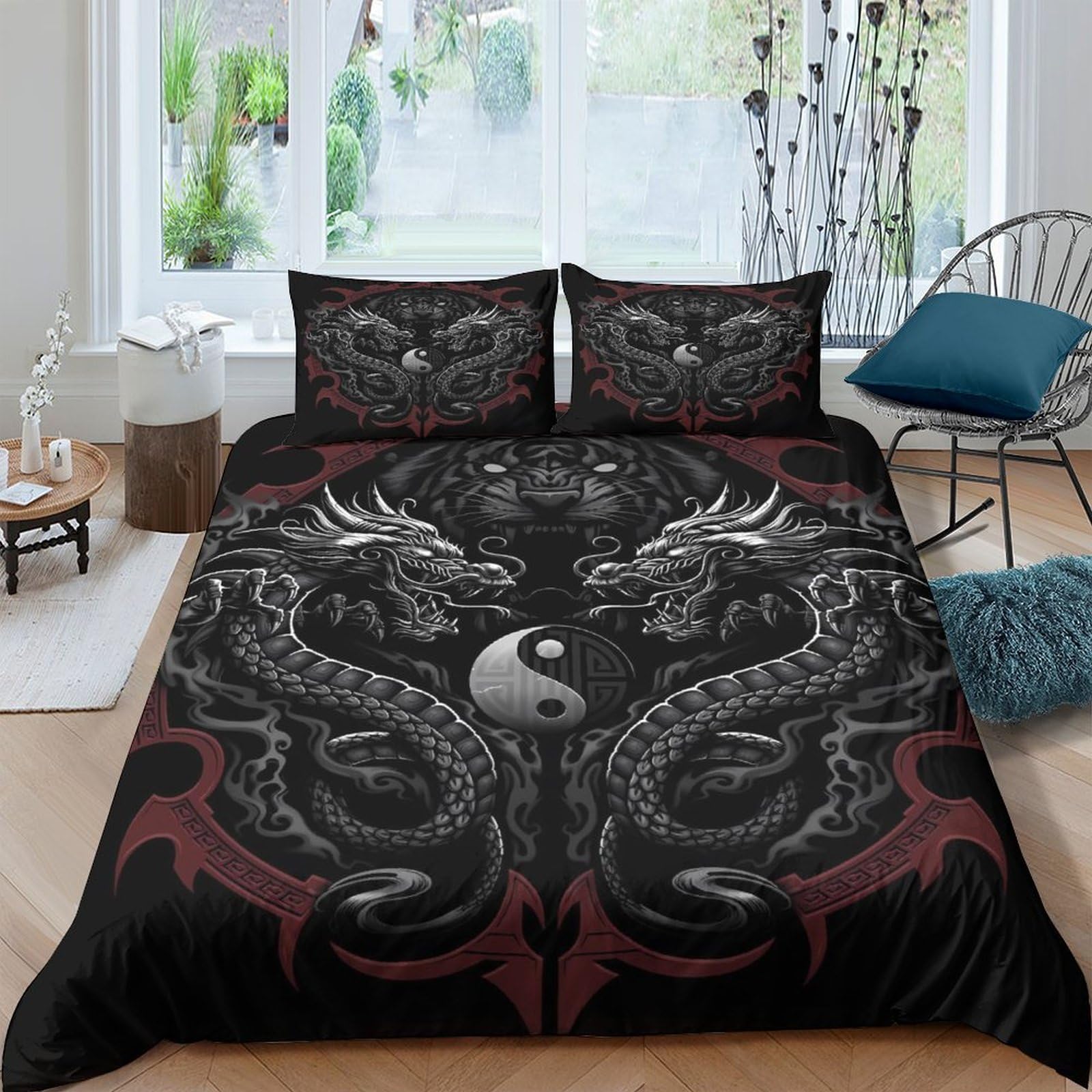Ctjqhvkz Style-10 3D Printed Yin Yang Dragon Fitted Sheet Microfiber Soft Black Red Bed Sheet For Bedroom Dorm Mattress Protector Decor Single（135X200cm）