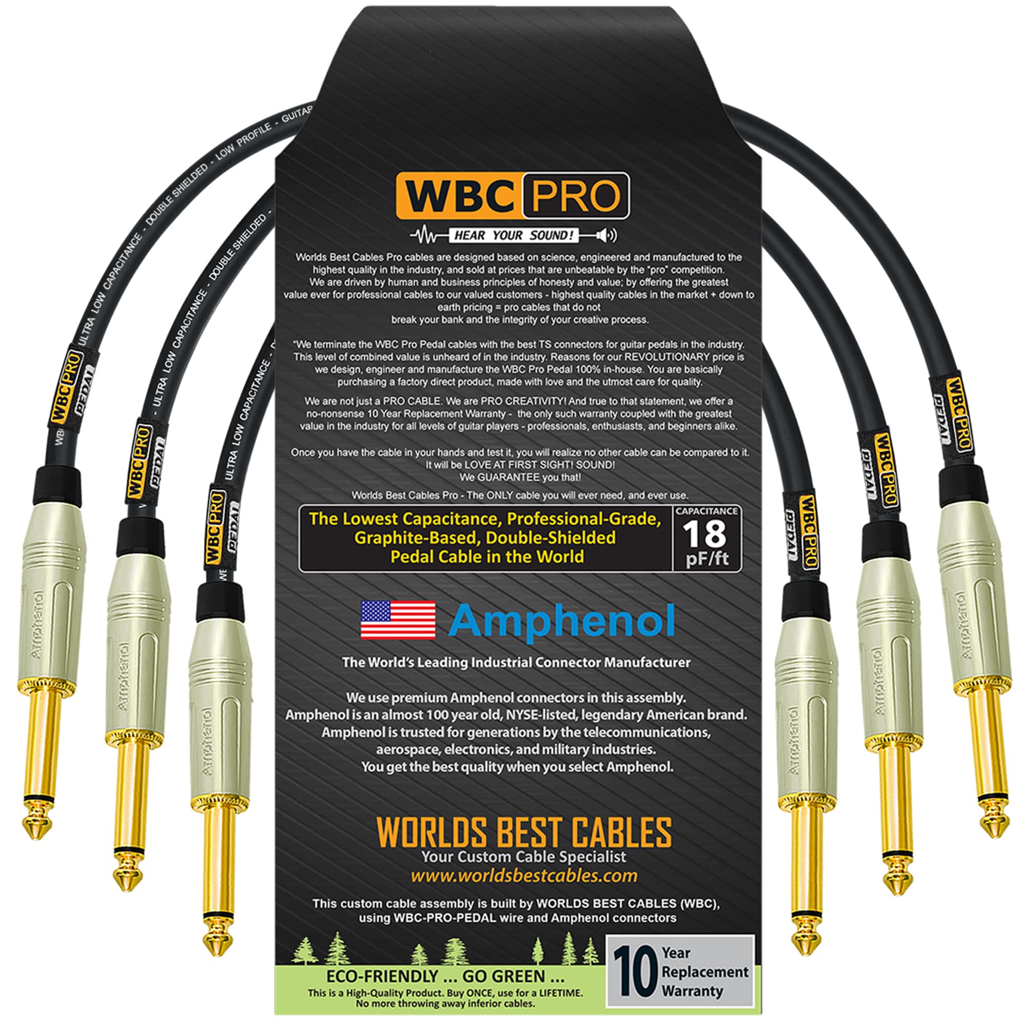 3 unidades – 12 pulgadas – Pedal WBC-PRO-– 22 AWG – Tapa baja (18 pF/pies) – Grado profesional – Basado en grafito – Pedal de doble blindaje, efectos, parche, cable de instrumento y conectores