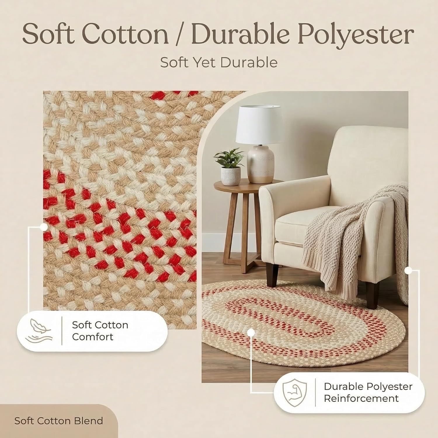 Super Area Rugs Oval 2' X 3' Beige - Red - Ivory Oval Braided Rug for Farmhouse Style Kitchens and Bathrooms