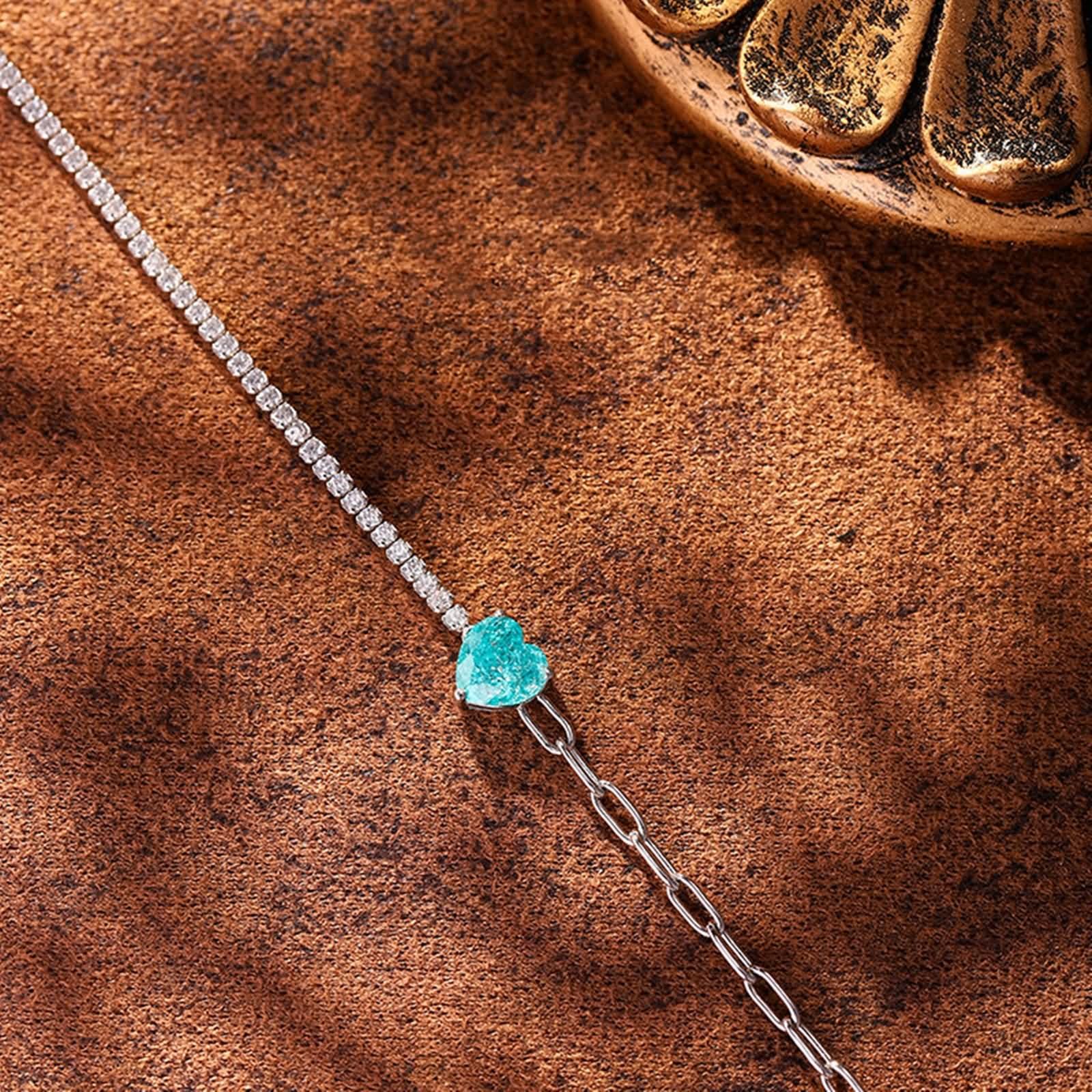 Pulsera de Mujer Oro Blanco 9 Kilates / 14 Kilates / 18 Kilates, Corazón con Turmalina Paraíba Creada de 2 ct y Moissanita, Cadena 16 CM, Pulseras Plata Azul Verde Mujer