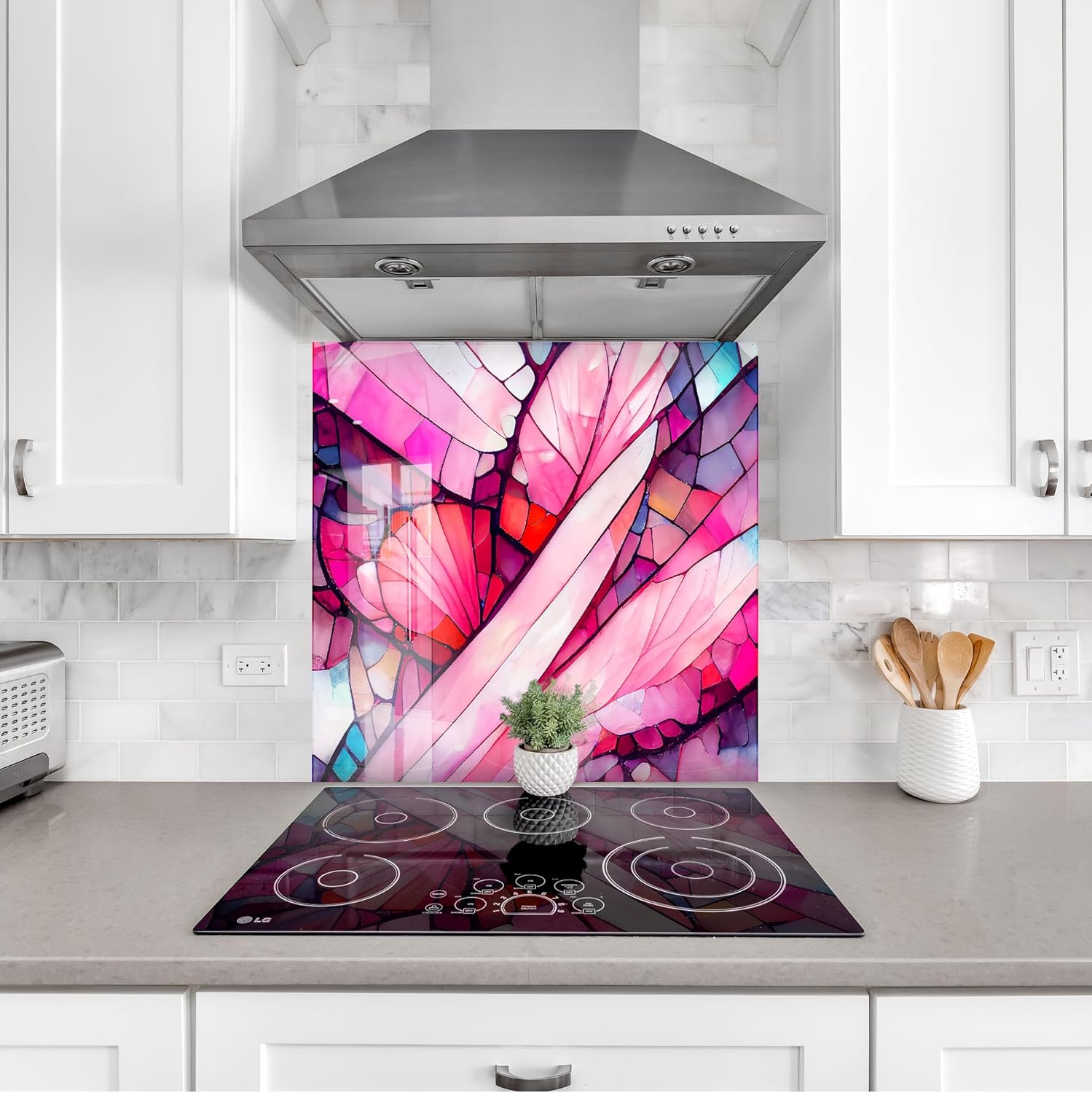 Myphotostation.com 27.5Wx20H''Tempered Glass Wall Protection Kitchen Backsplash Splashback for Kitchen Decor Bathroom Backsplash for Stove Pink Stained Backsplash Tile