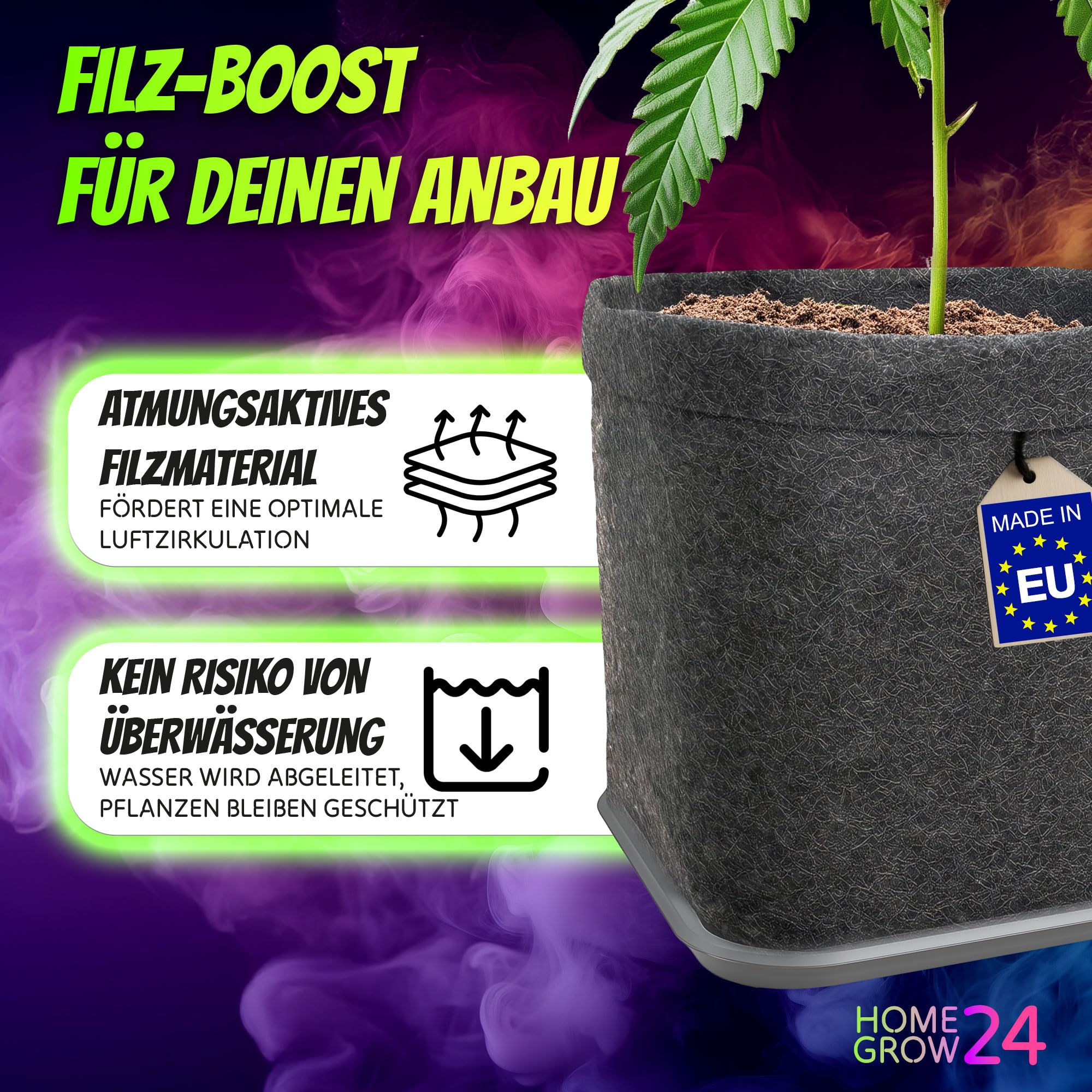 Homegrow24 Cannabis Dünger Indoor & Outdoor für Cannabispflanzen Wachstumsphase und Blütephase BIOlogischer organischer Grow & Bloom Hanfdünger I Set (6 Filztöpfe & Untersetzer + 1000ml Dünger)