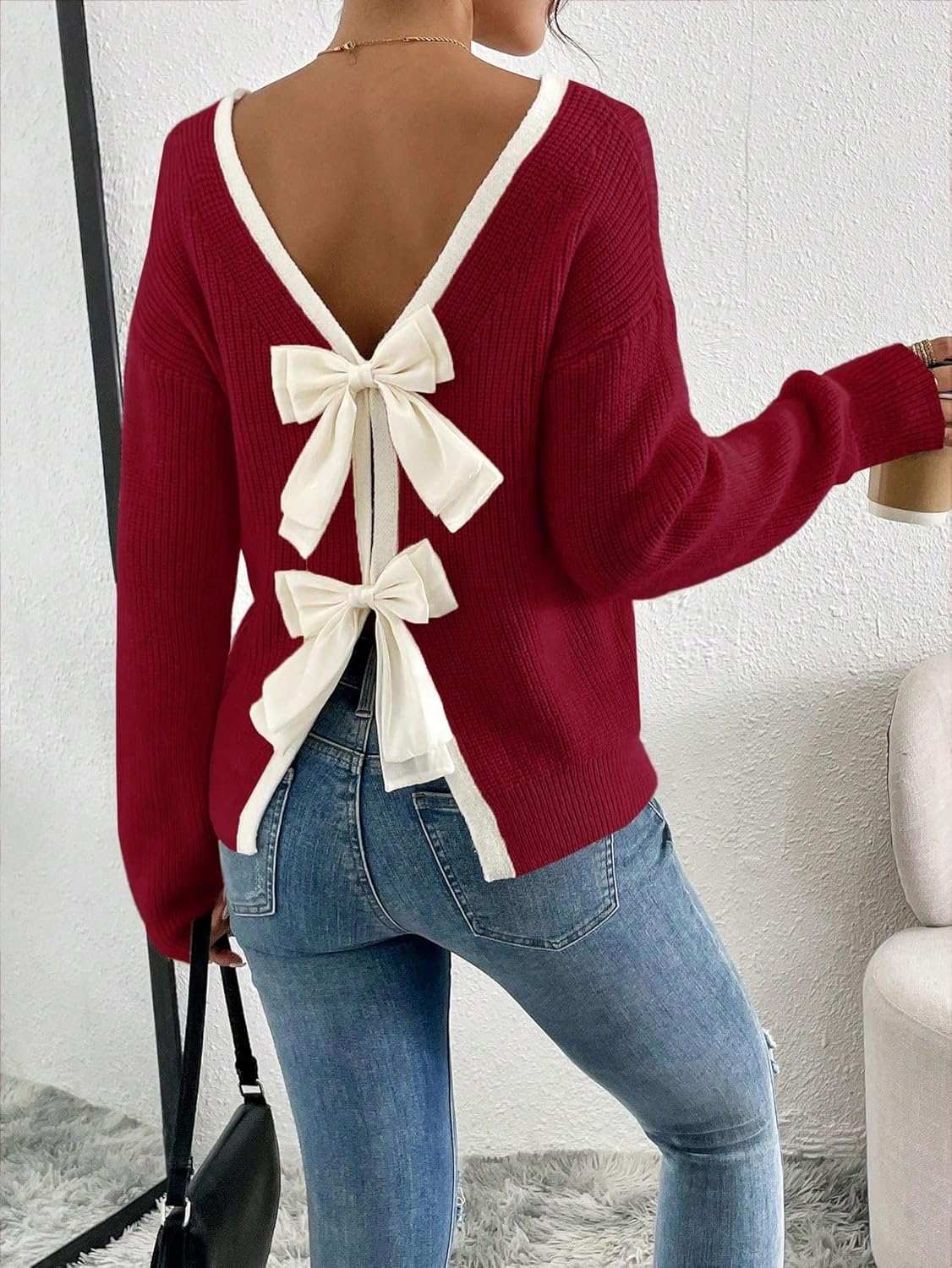 Women's Off The Shoulder Pullover Bow Ribbed Knit Sweater Cute Crew Neck Long Sleeve Trendy Cozy Sweaters - Image 2