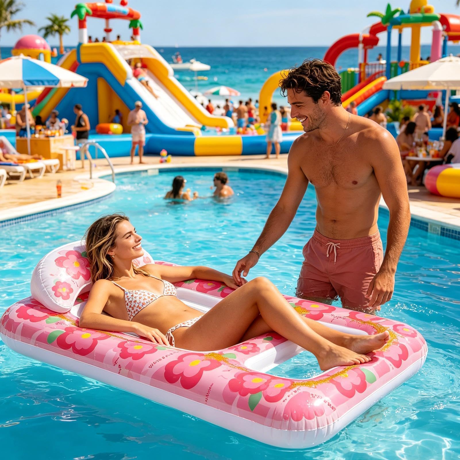 Lit de bronzage flottant, chaise longue de piscine ergonomique avec porte-gobelet, flotteur d'eau gonflable portable, accessoire de plage élégant pour les vacances d'été, les voyages, les hôtels, les