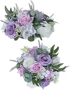 BLOSMON Purple Flowers Artificial for Decoration: 2 Pieces 9.5 Inch Fake Flower Ball Centerpieces for Home Tables - Wedding Lilac White Rose Lavender Fake Silk Kissing Floral Arrangements