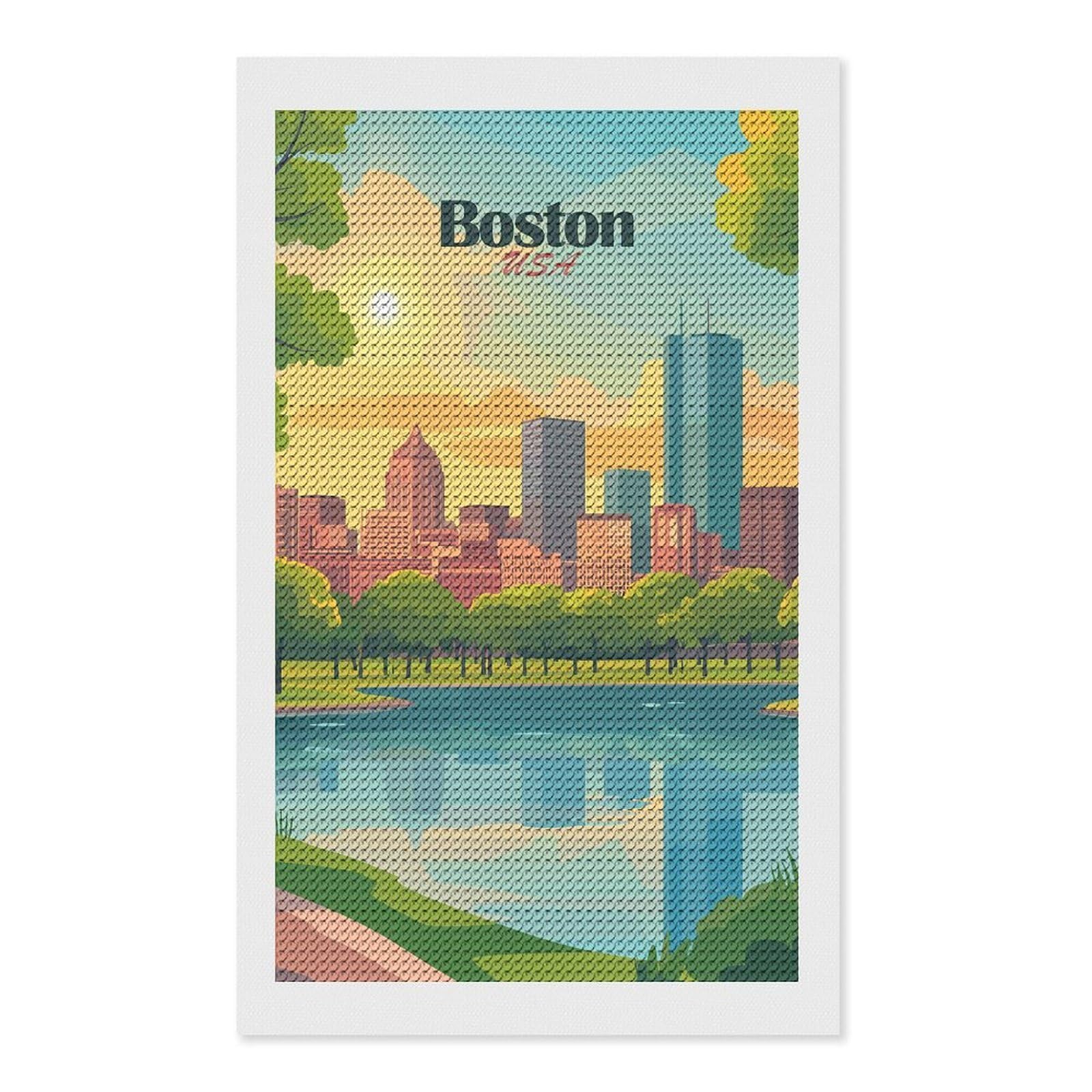 Junmoney Boston USA Cityscape Illustration(2) Diamond Art Canvas 12"x20", for Family Craft Time, Creative Leisure Activity, Living Room Decor, Festive Craft Gift