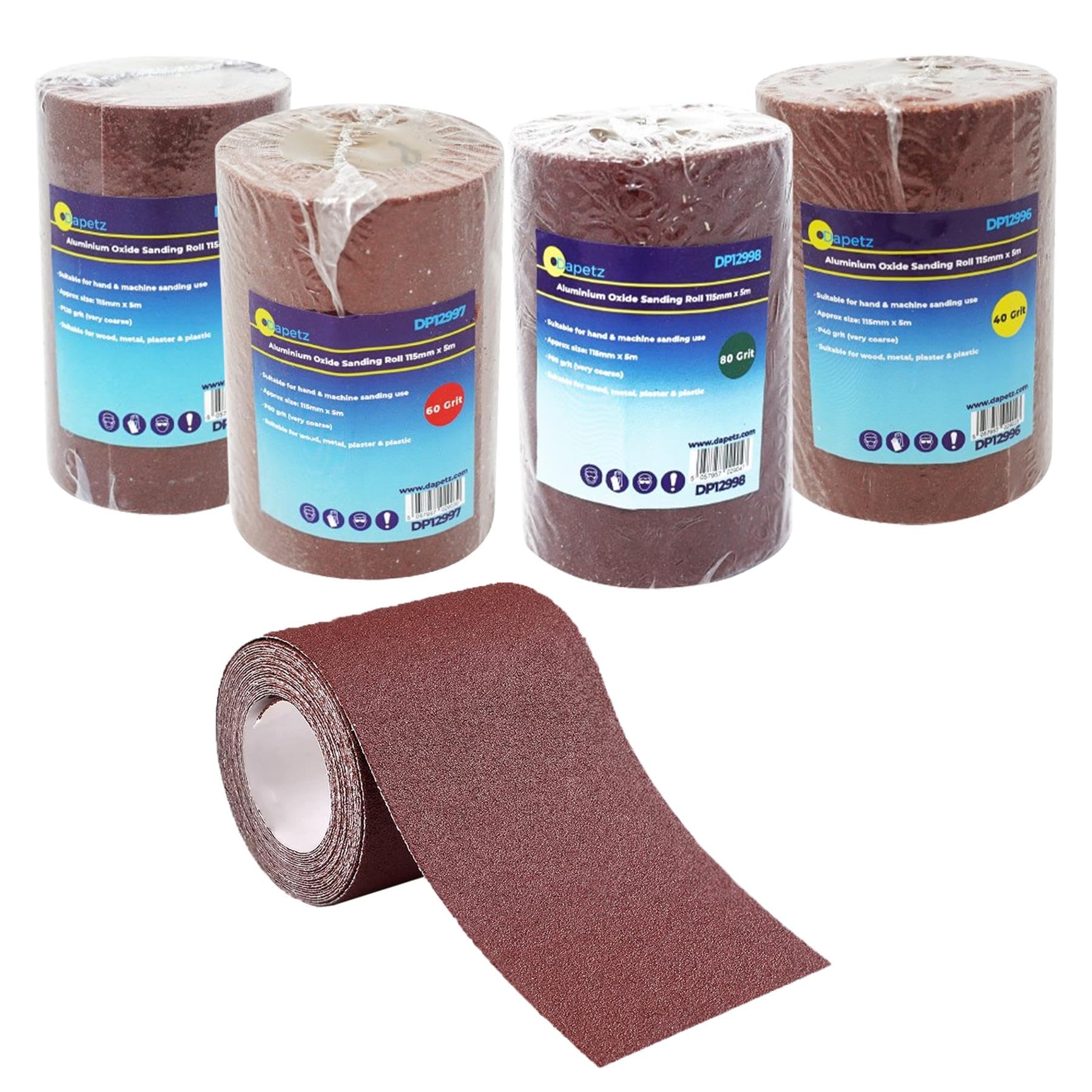 Dapetz ® Sandpaper Roll Set 4 Rolls, 115mm 9.3cm x 5M, Assorted 40/60/80/120 Grit, Aluminium Oxide Abrasive Sanding Paper for Sanding, Polishing and Rust Removal