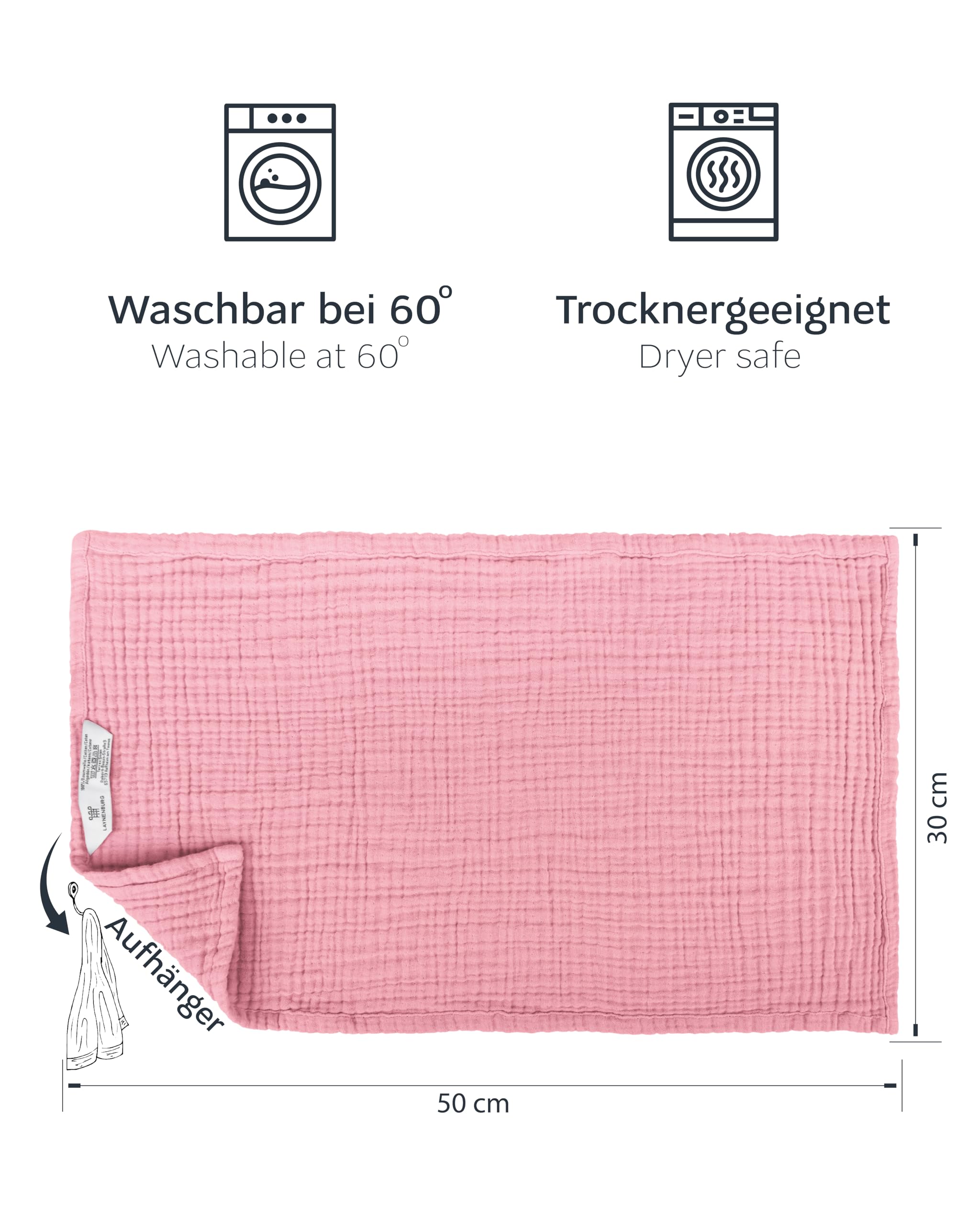 LAYNENBURG set di 10 panni per il ruttino per bambini in morbidissima mussola - 100% cotone - 30x50cm - Oeko Tex 100 - panni in mussola come garza o pannolini di stoffa (rosa antico)