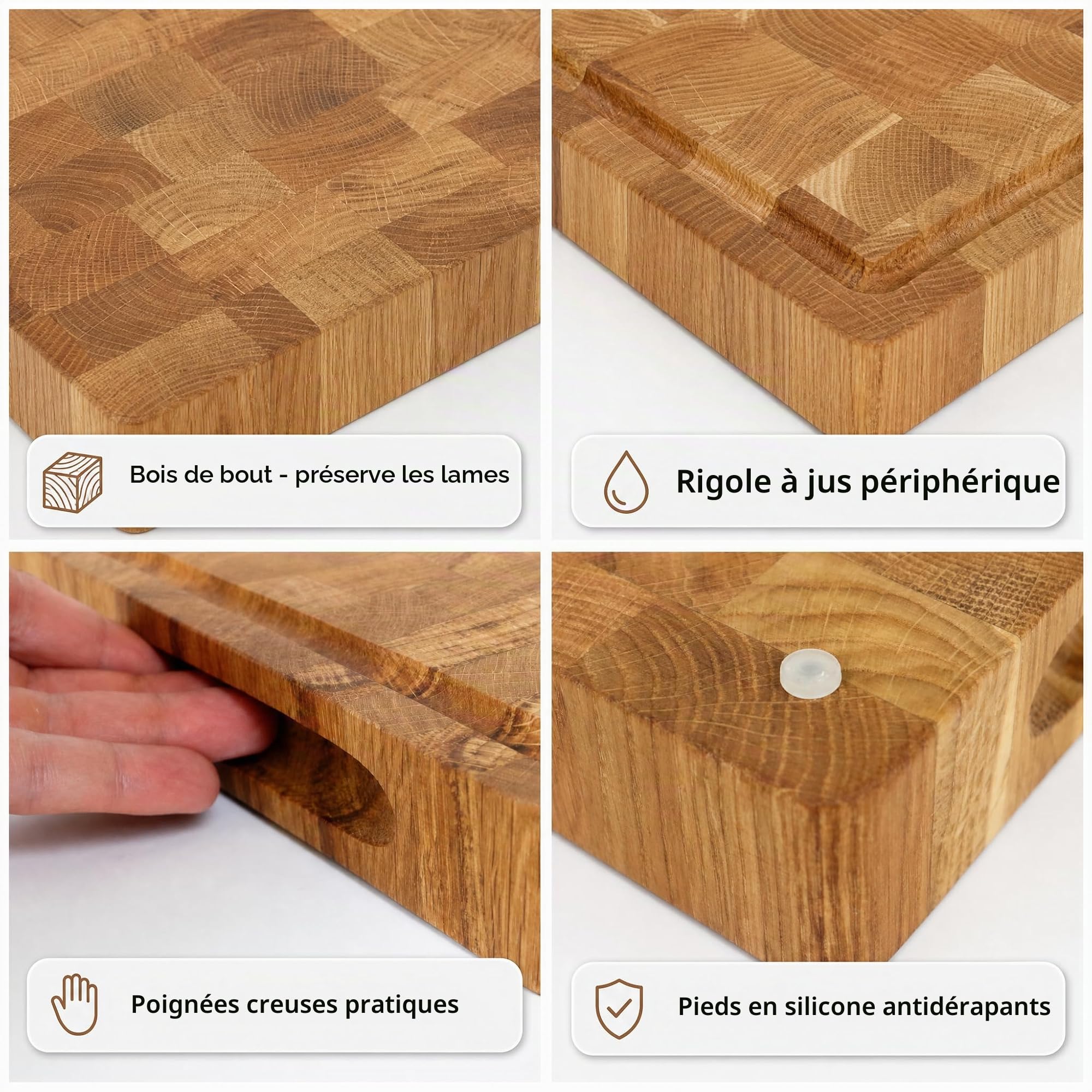 B4K® Planche à découper en chêne antibactérien - 50 × 35 × 4 cm - Bloc de hachage massif avec poignées, rainure à jus et pieds en silicone - Parfait pour la cuisine,