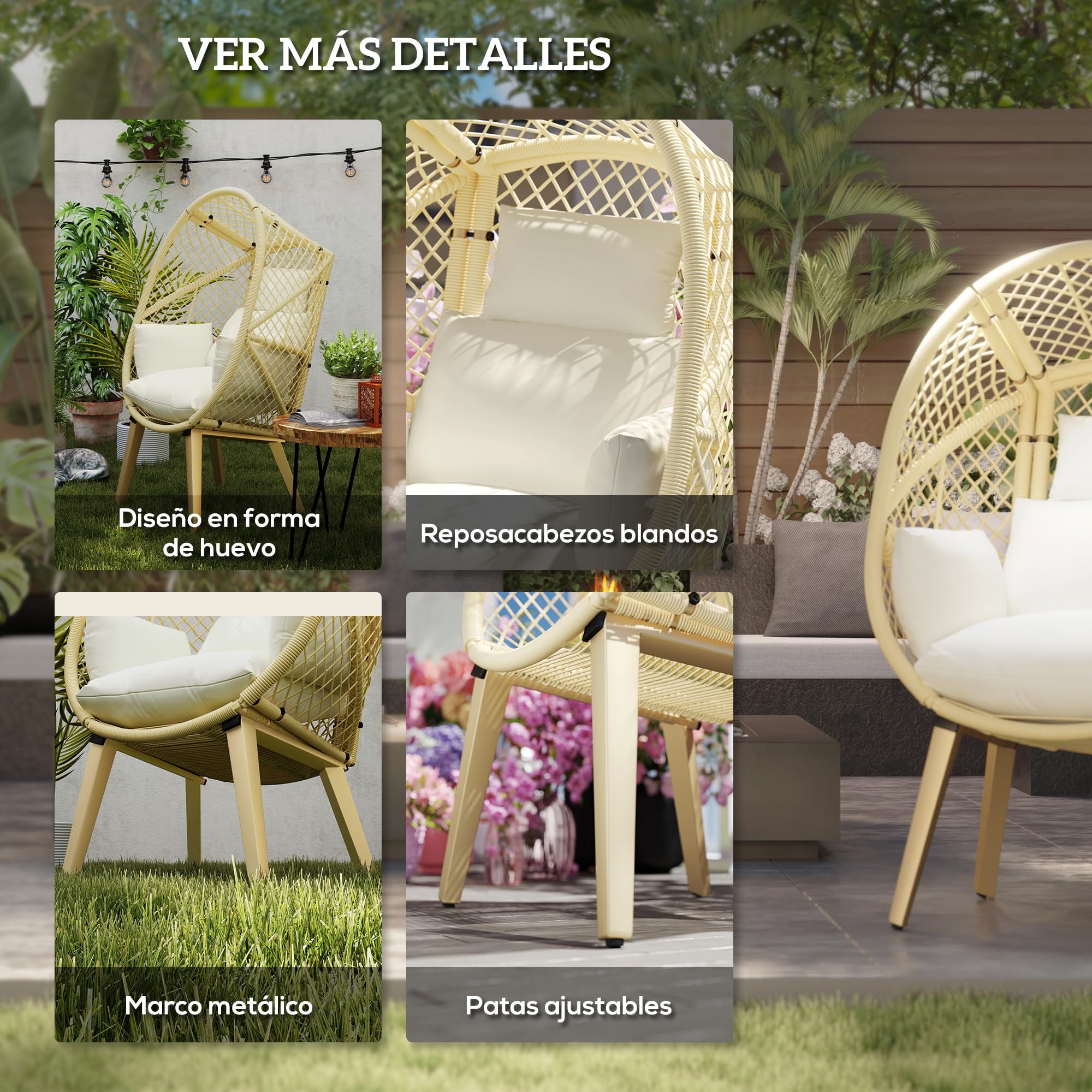 Outsunny Sillón de Ratán Sintético Silla de Terraza en Forma de Huevo con Reposacabezas Acolchado y Cojín Carga 160 kg para Jardín Balcón 88x85x143 cm Natural y Crema