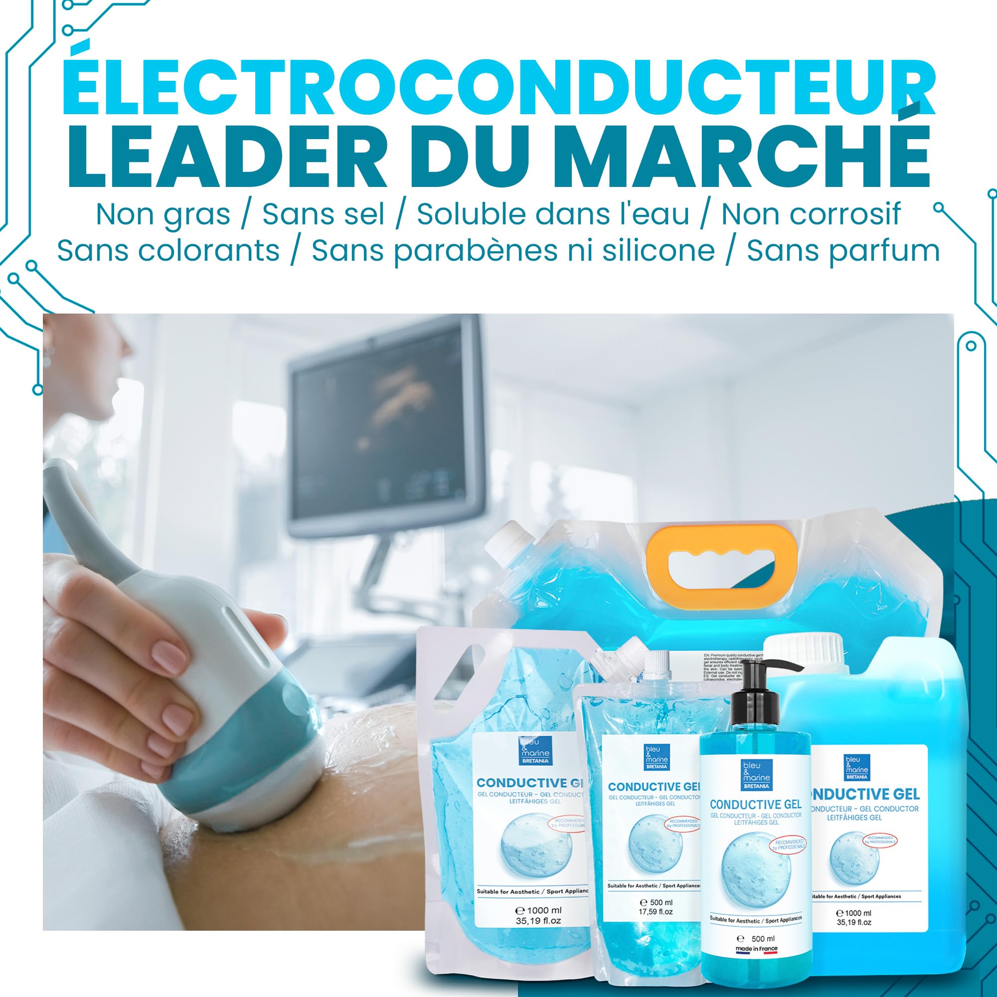 Gel Conducteur Professionnel : Radiofréquence, Electrostimulateur Musculaire, Ultrasons, Électrodes, Cavitation, Epilateur Lumiere Pulsee, Epilateur Laser - 500 ml
