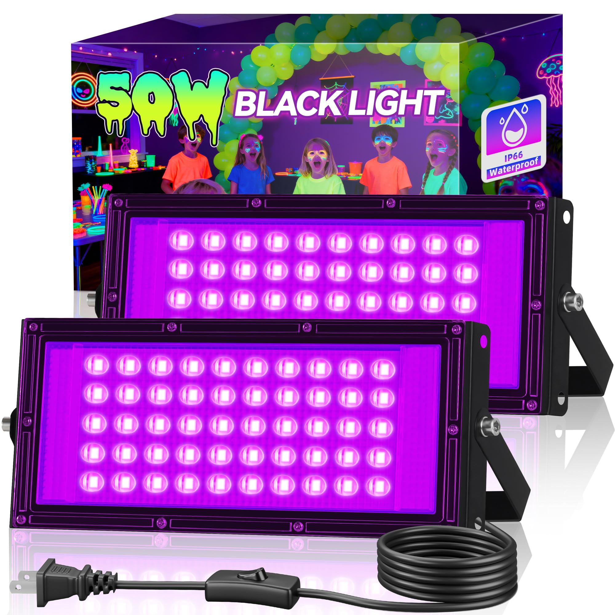 Photo 1 of 2 Pack 50W LED Black Light, Blacklight Flood Light for Glow Party IP66 Waterproof, Outdoor Black Lights with Switch&Plug for Halloween, Glow in The Dark, Neon Party, Fluorescent Poster, Birthday