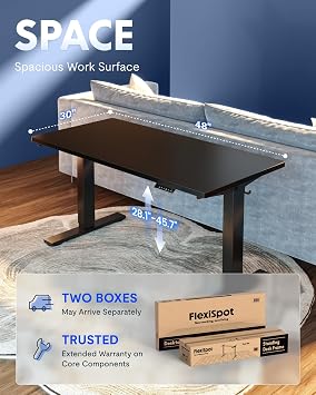 FLEXISPOT EN1 One-Piece Standing Desk, Electric Adjustable with 4 Memory Presets, 176 LBS Capacity, Stable & Quiet, Seamless Desktop for Home Office & Dual Monitors, 48x30 Black