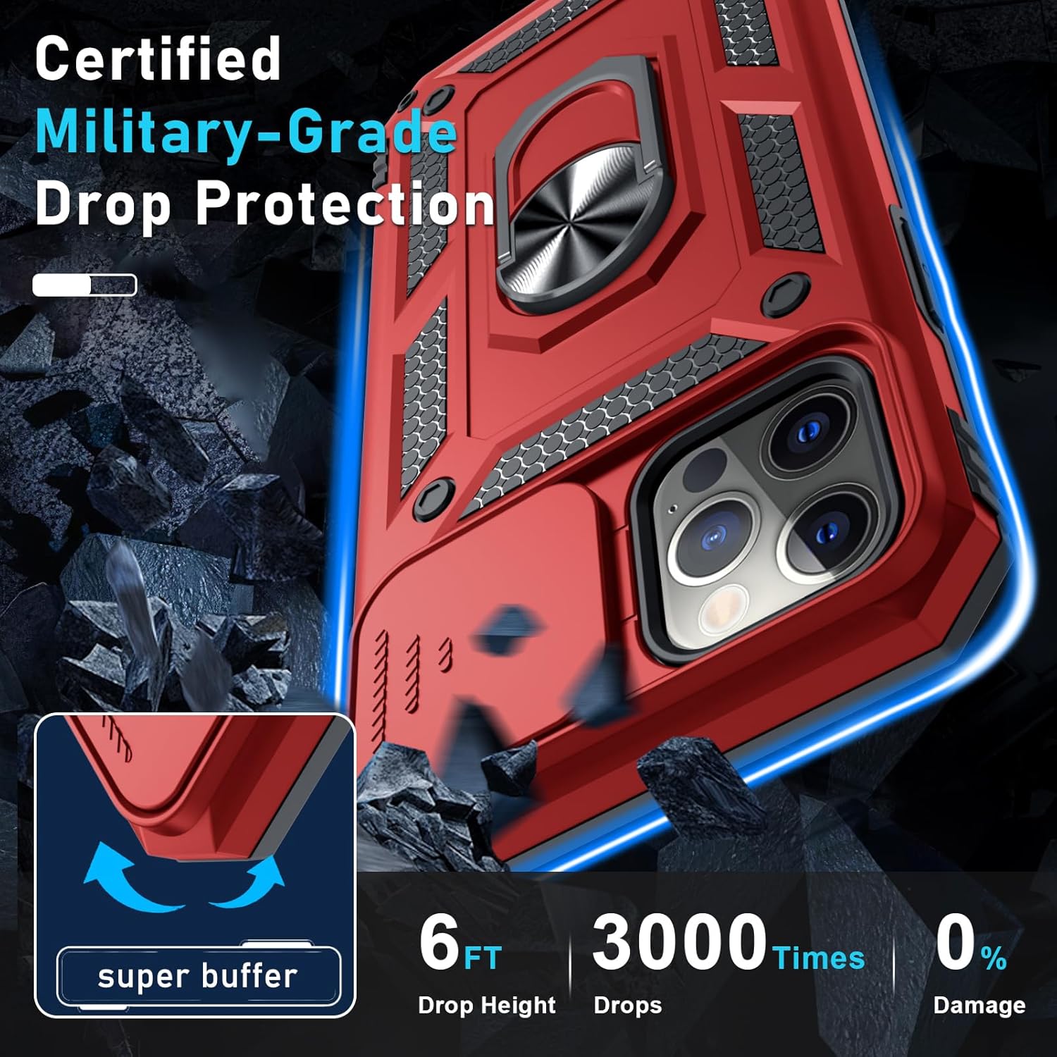 Janmitta Case for iPhone 11 Phone Cover Built in Slide Camera Lens Cover+Screen Protector,Heavy Duty Shockproof Full Body PhoneCase with Finger Ring Holder Kickstand,Red - Image 5