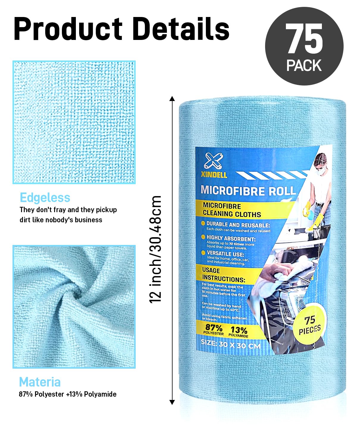 150 Pack Microfiber Cleaning Cloth Roll XINDELL 12x12 Tear-Off Lint-Free Towels for Car Detailing Auto Window Interior Cleaning — view 5