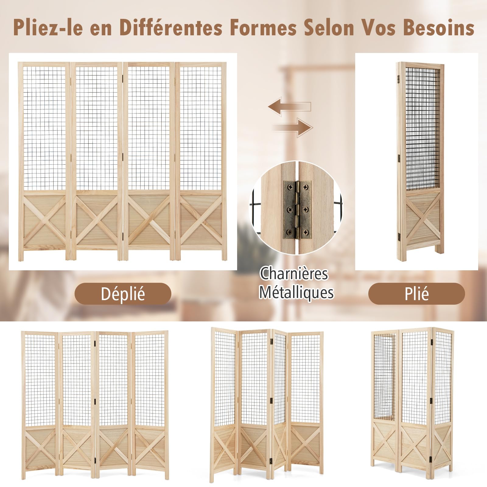 COSTWAY Paravent Interieur 4 Panneaux 151 x 144 cm, Separateur de Pieces Pliable, Bois en Paulownia, Grille, Closion de Separation Interieur, Pieds Antidérapants, pour Chambre Bureau Salon, Naturel