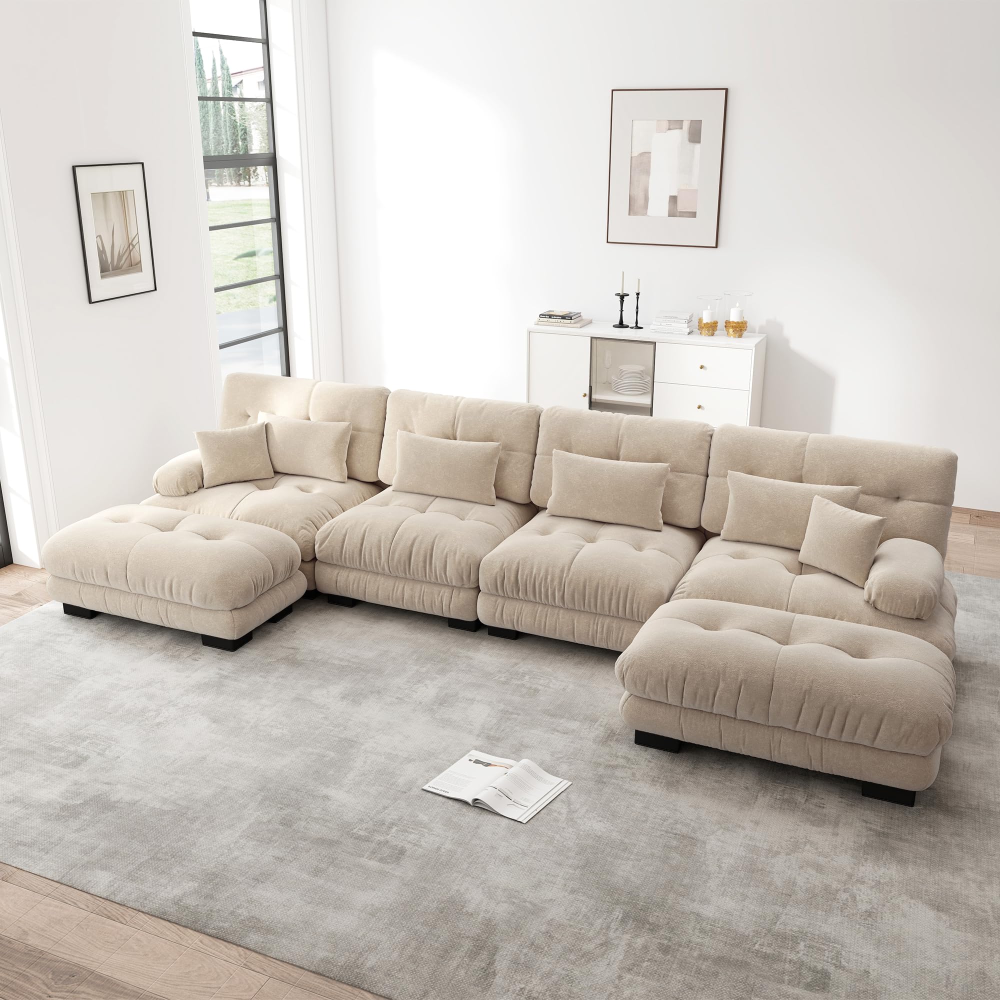 Divano angolare modulare, set divano a forma di U per soggiorno, 4 posti, comodi divani cloud con pouf mobile, combinazione fai da te, caffè leggero, ciniglia marrone chiaro