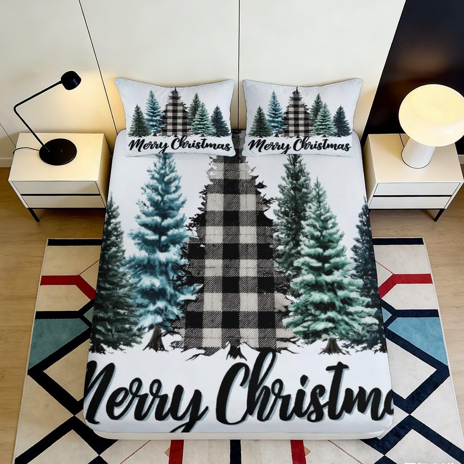 3D Printed Christmas Pine Tree Fitted Sheet Microfiber Soft Plaid Bed Cover for Bedroom Guest Room Decor 90x200x25cm