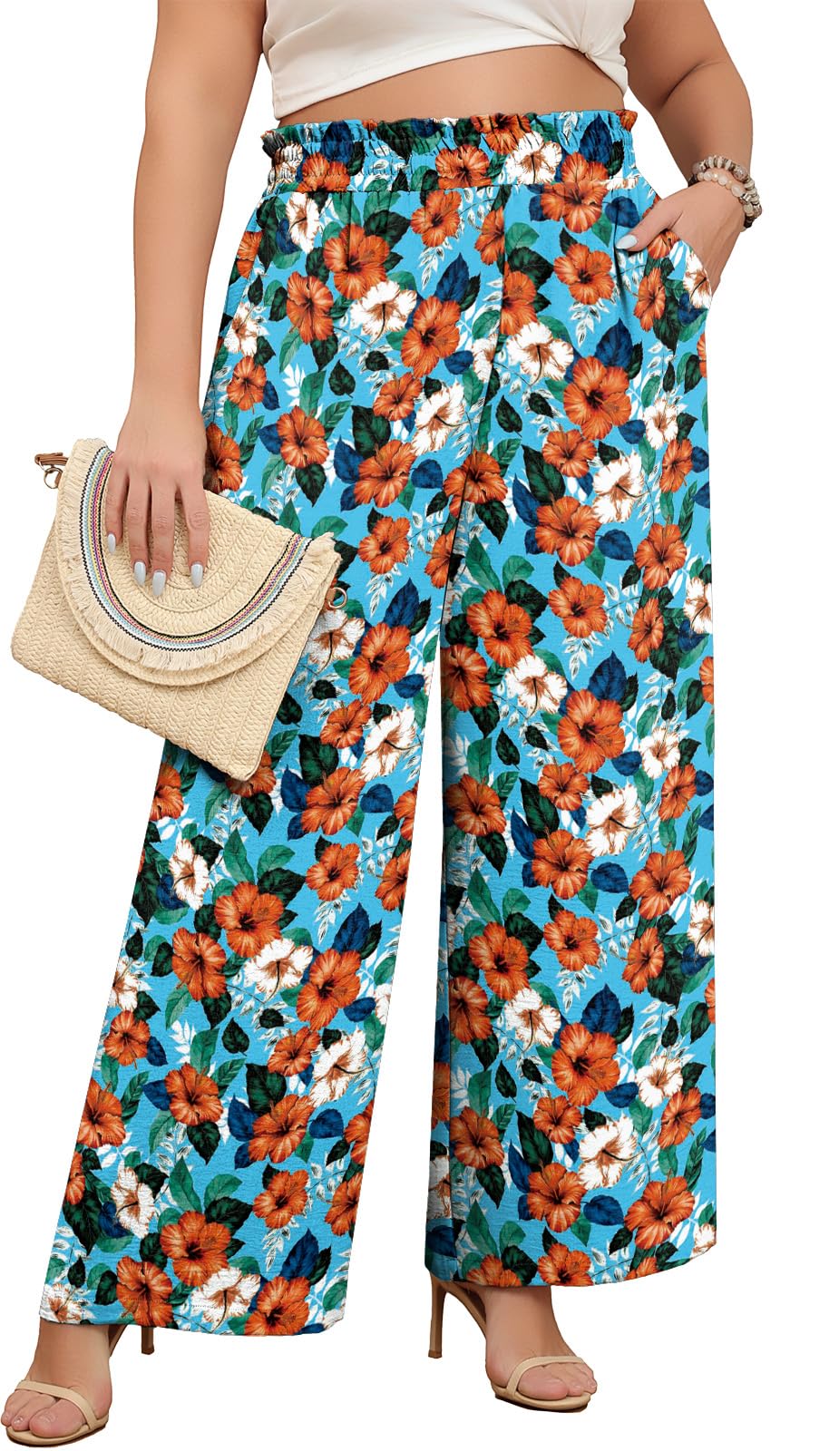 Lastshe Womens Plus Size Wide Leg Pants Elastic Waist Hide Drawstring Loose Work Pants Palazzo Trousers with Pockets