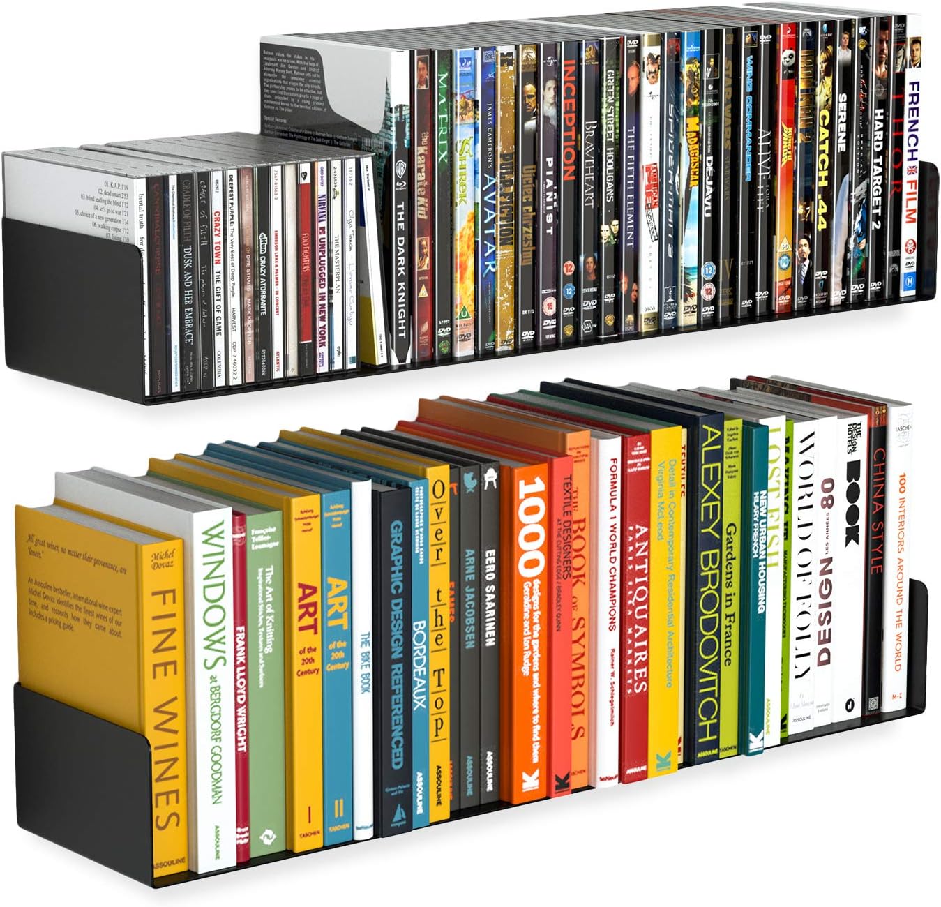Shiok Decor Bali 24 Inch Floating Bookshelf and CD DVD Storage Shelves, Video Game Shelf Set of 2, Metal Black Floating Shelves for Wall