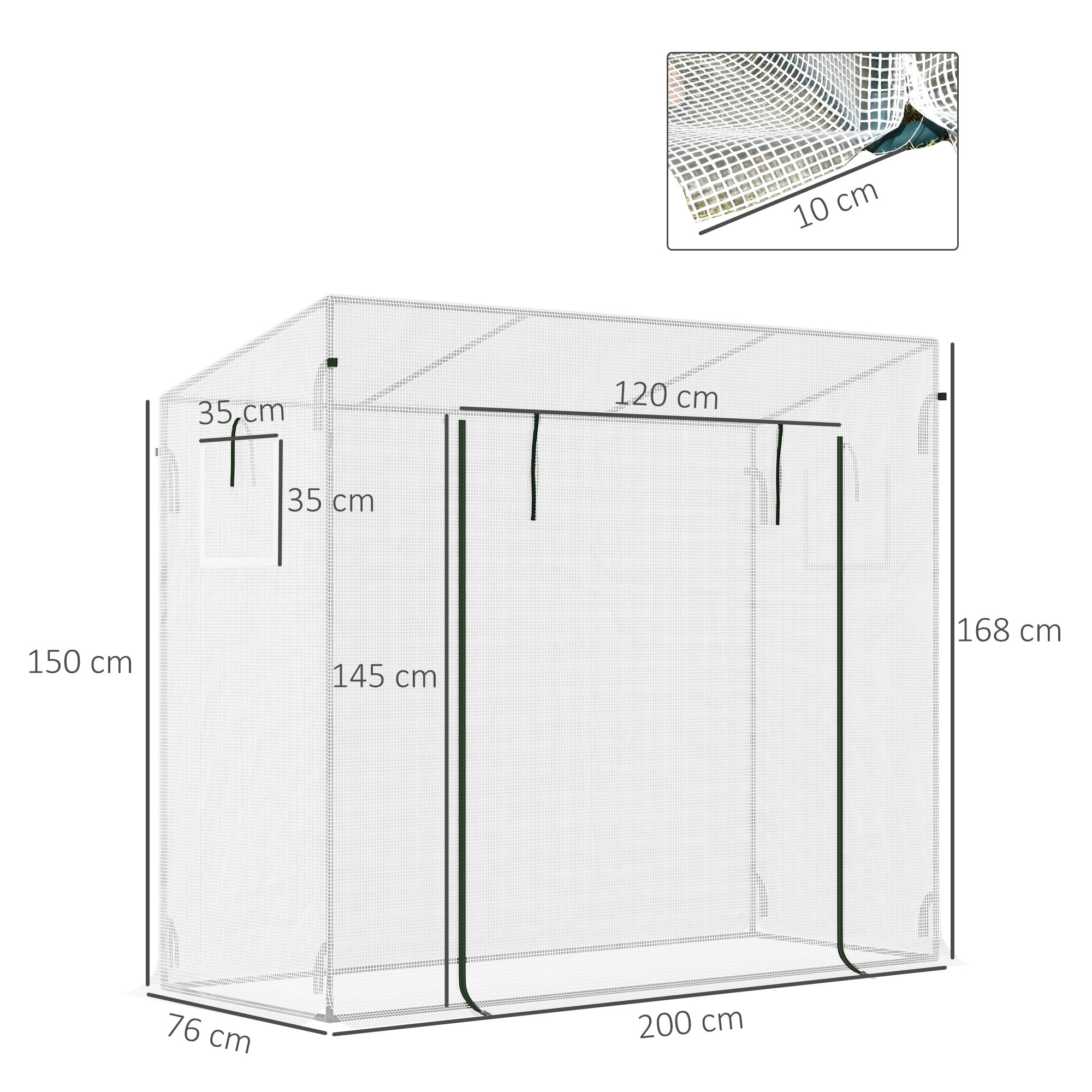 Outsunny Serra da Giardino con Porta Avvolgibile, 2 Finestre e Bordi Estesi, Serra per Piante in Acciaio e PE, 200x76x168 cm, Bianco