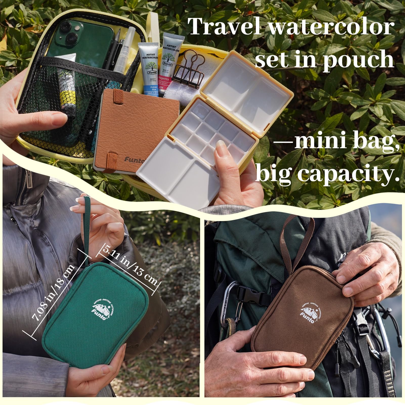 Funto Mini Aquarell Reise-Set, 12-Farben Nachfüllbares Kunst-Reise-Set, All-in-One Mini-Malbedarf mit Tasche