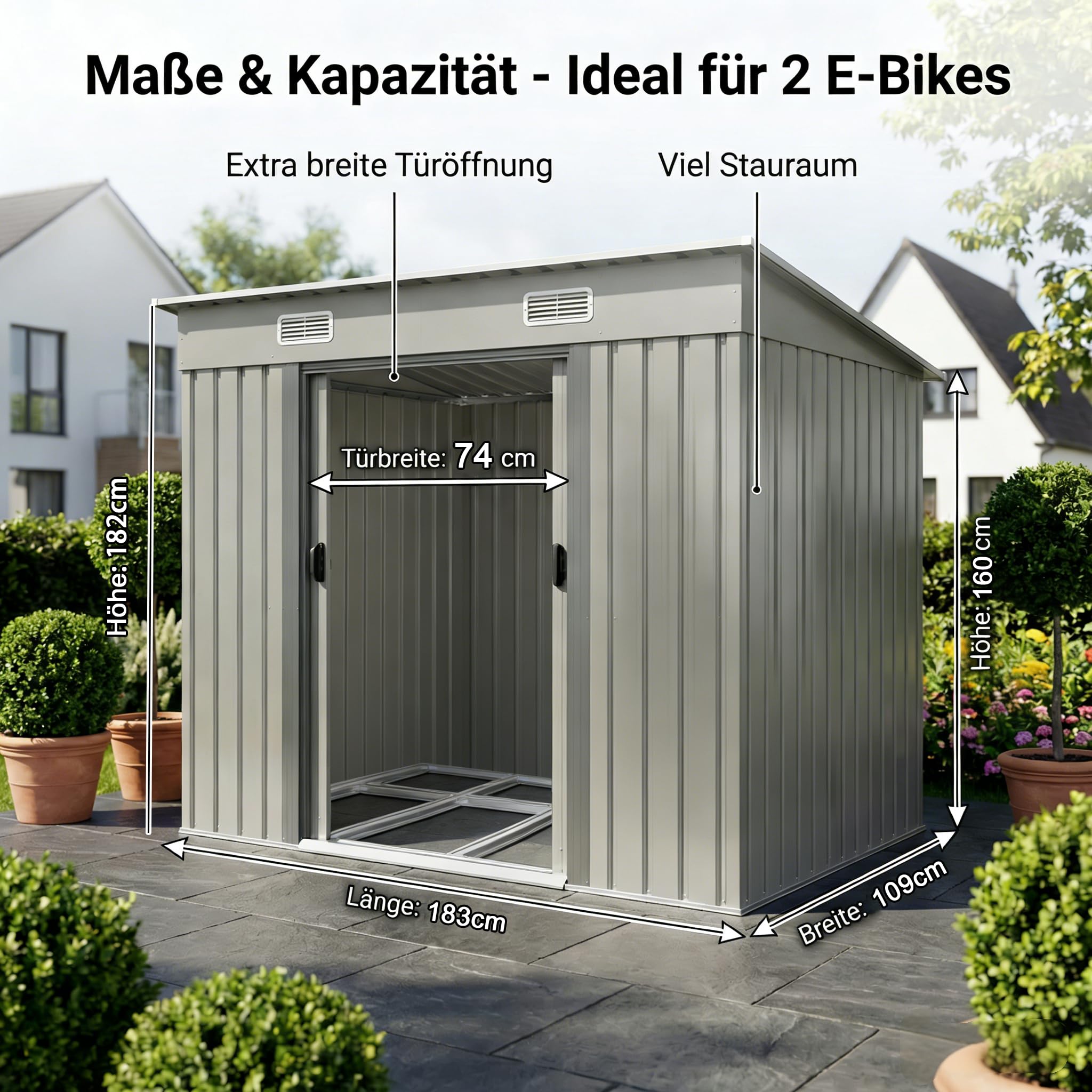 JUMMICO Metall Gerätehaus 3.63m³ Geräteschuppen 183x109x182cm, Gartenschuppen mit Fundament und Schiebetüre, Gartenhaus für Gartengeräte und Mülltonnen, Silber
