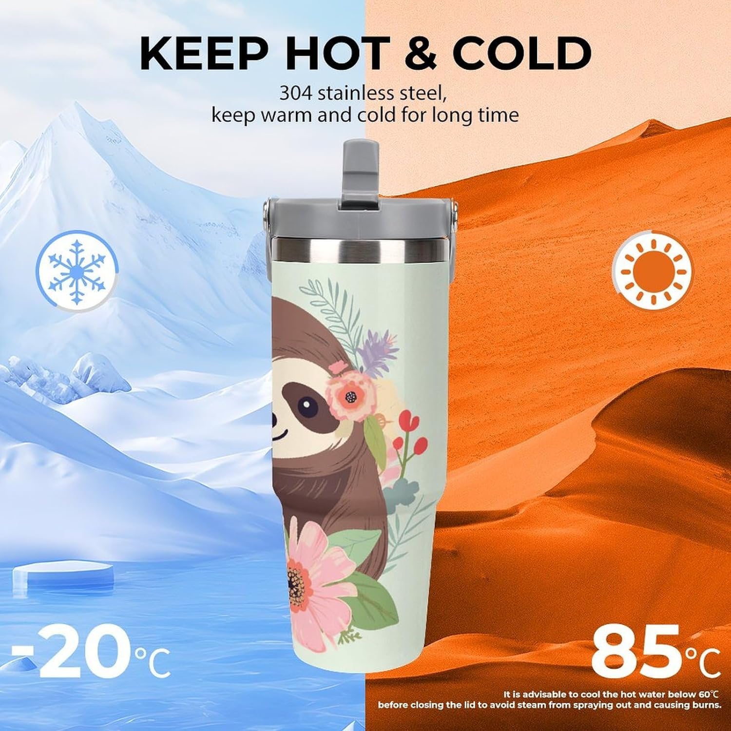 Sloth And Flowers Water Bottle 30 Oz Fits Car Cup Holder,Insulated Coffee Mug Large Capacity Car Cups,Stainless Steel Double Wall Sport Bottle for Travel Sports Gym