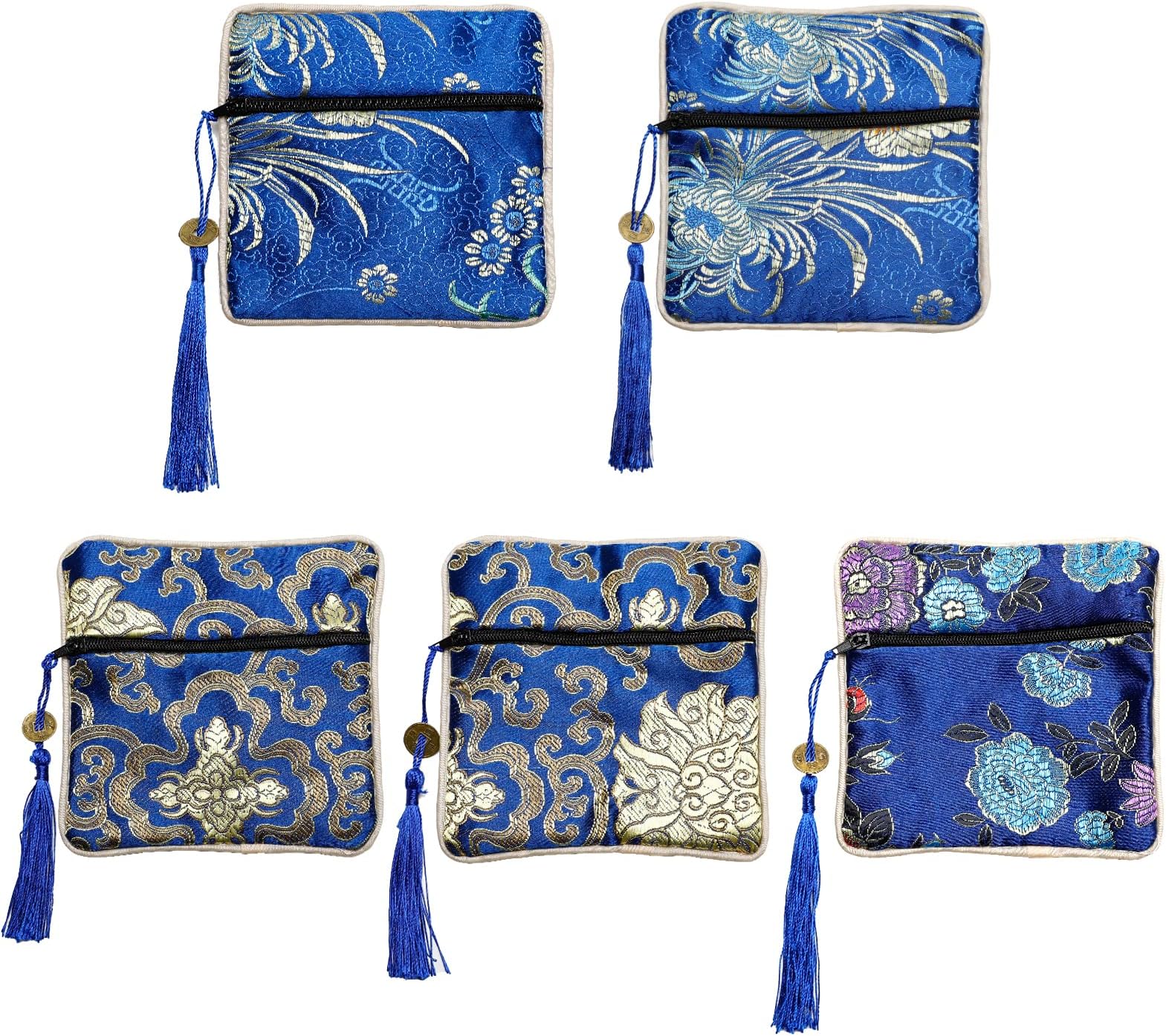 5PCS Jewelry Silk Purse Pouch, Chinese Silk Style Zipper Brocade Embroidered Bag for Women Coin Wallet (Deep Blue)