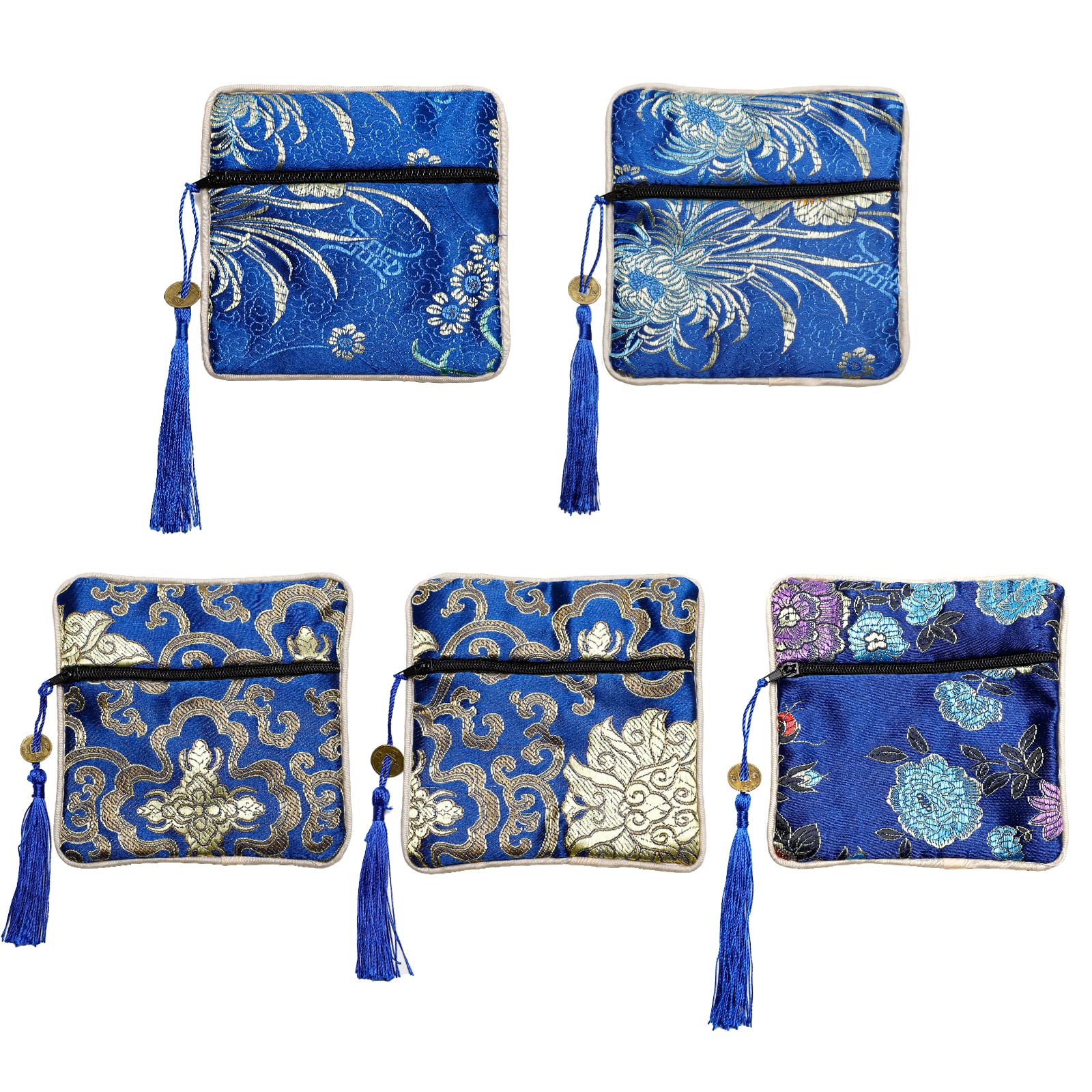 Onukaly 5PCS Jewelry Silk Purse Pouch, Chinese Silk Style Zipper Brocade Embroidered Bag for Women Coin Wallet (Deep Blue)