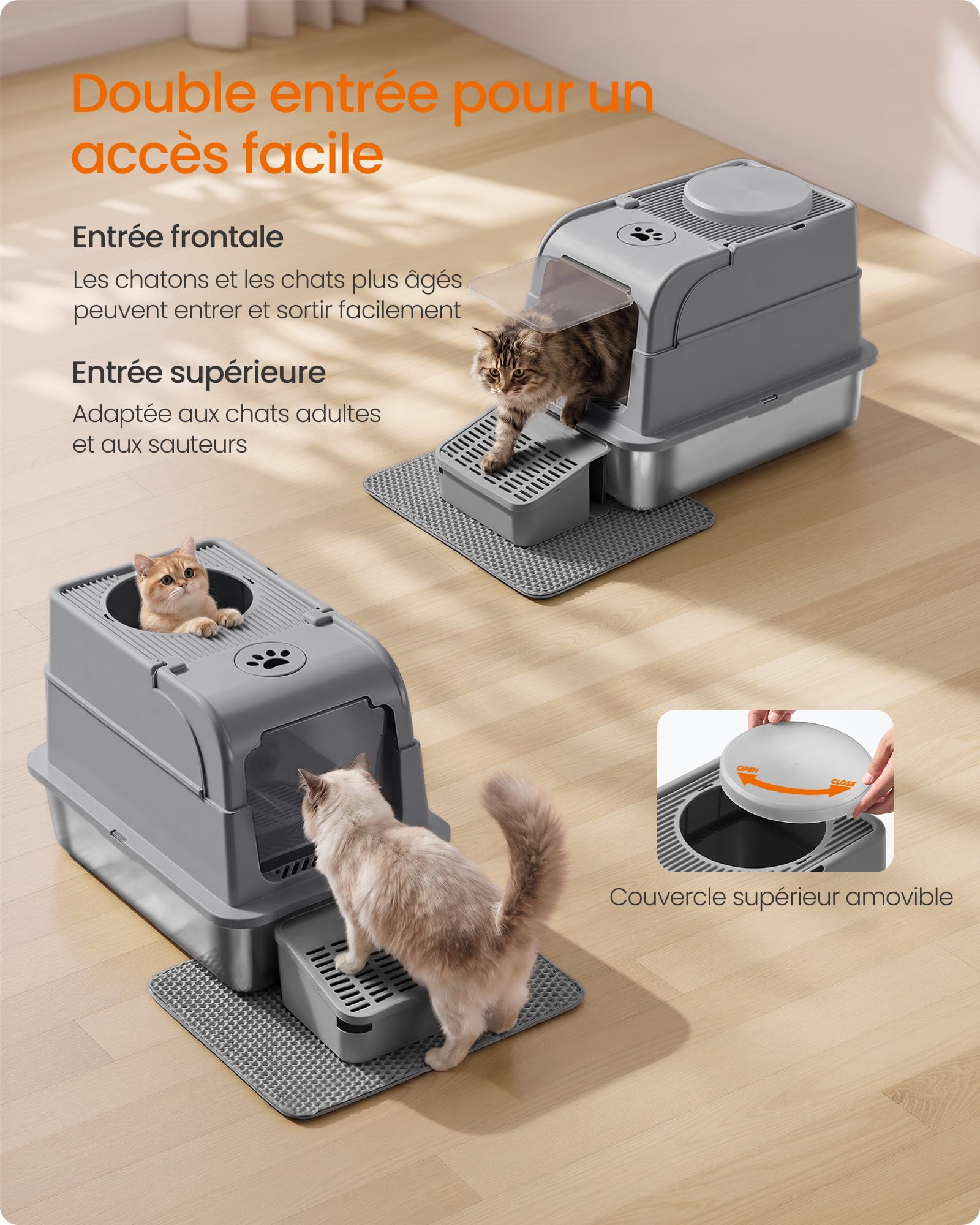 Feandrea Bac à Litière pour Chat en Acier Inoxydable avec Couvercle, Caisse Litière Fermée, 2 Entrées, Pelle et Brosse, pour Chats Jusqu’à 15 kg, Gris Tourterelle PPT021G201