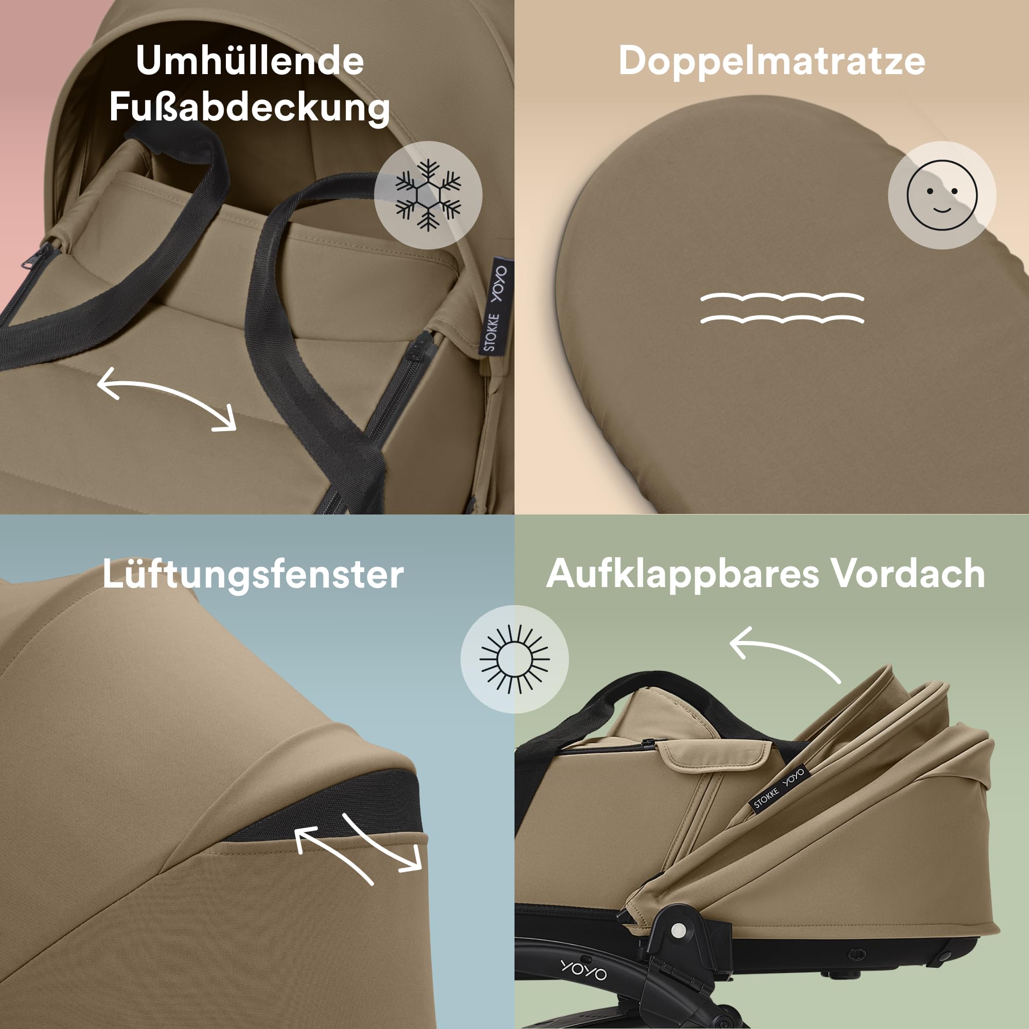 Stokke YOYO3 Kinderwagen mit Liegewanne - Weißer Rahmen, YOYO 6+ Textilset (Toffee) & Liegewanne (Toffee)